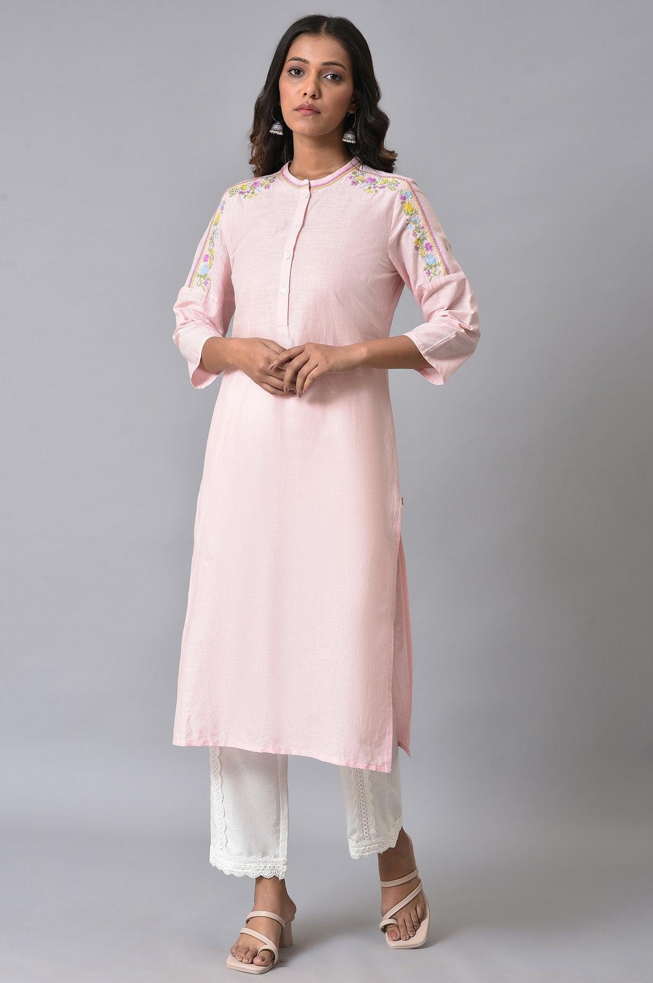 Light Pink Mandarin Collar Embroidered kurta Set - wforwoman