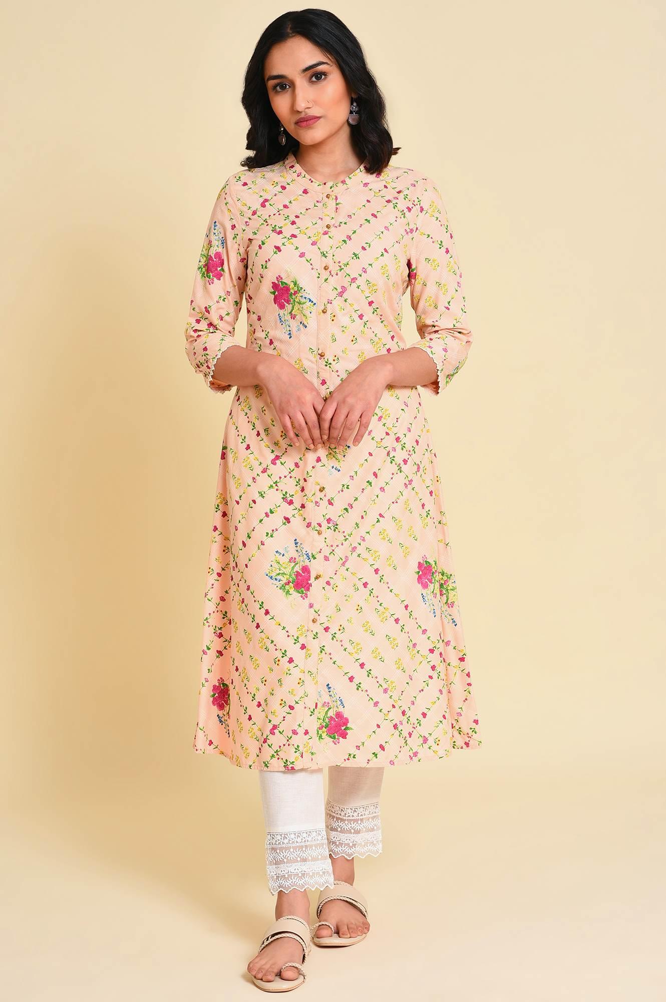 Light Orange Floral Print kurta Set - wforwoman