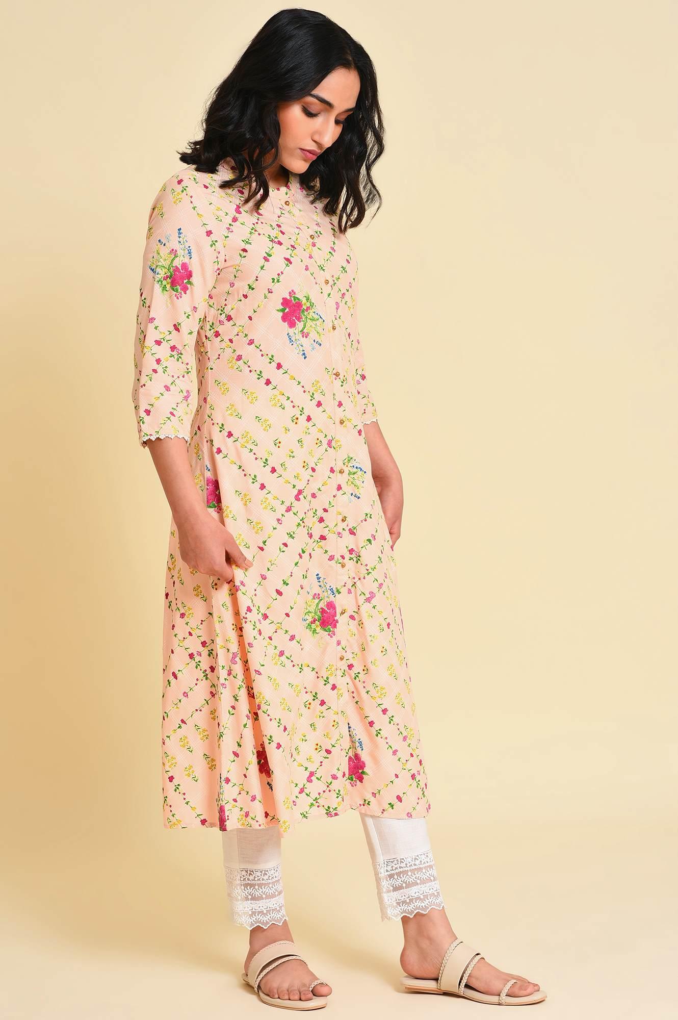 Light Orange Floral Print kurta Set - wforwoman