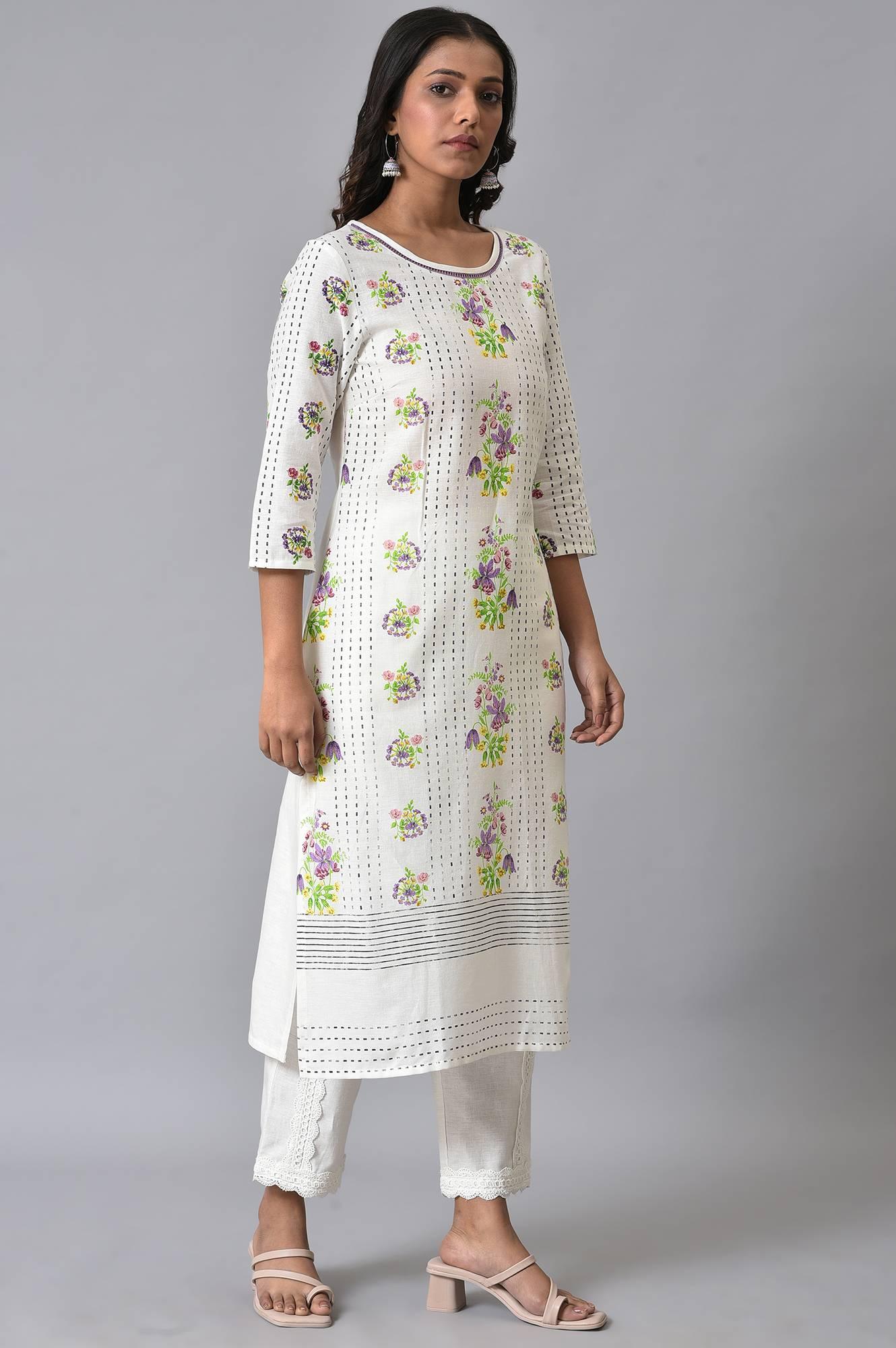 Ecru Floral Printed Straight kurta Set - wforwoman