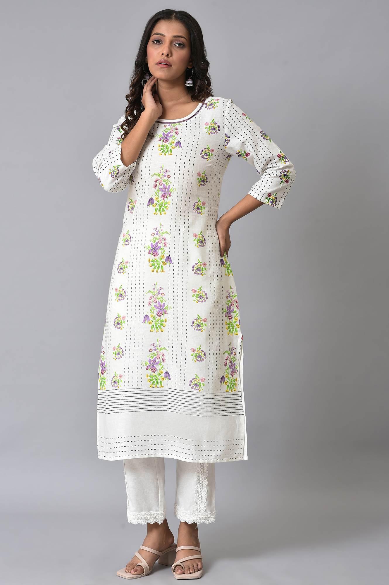 Ecru Floral Printed Straight kurta Set - wforwoman