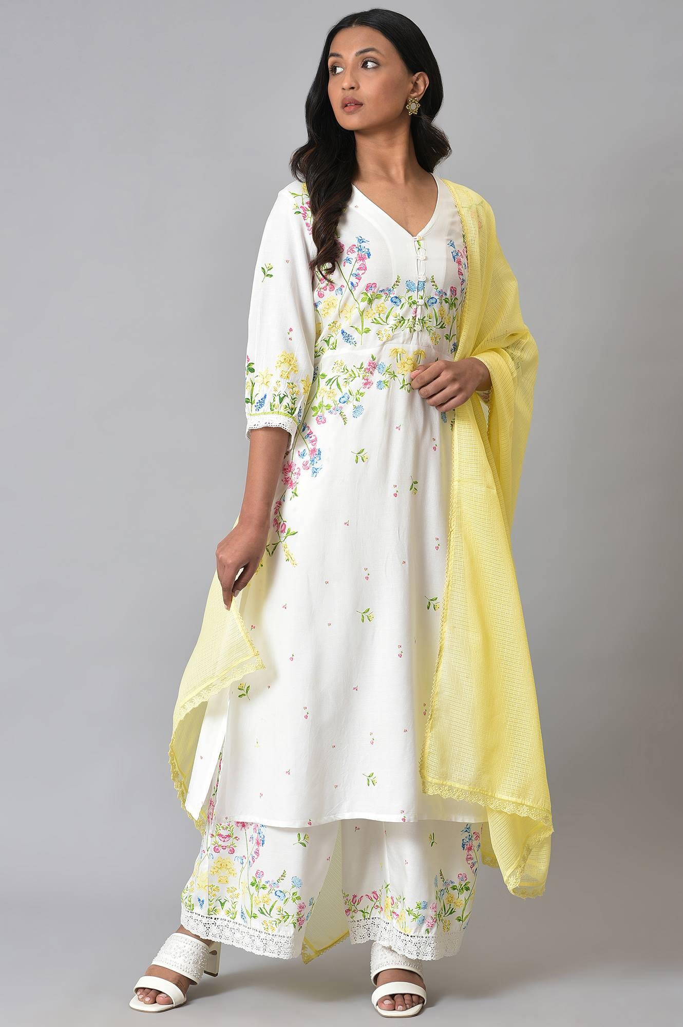 White Floral Print kurta Set - wforwoman