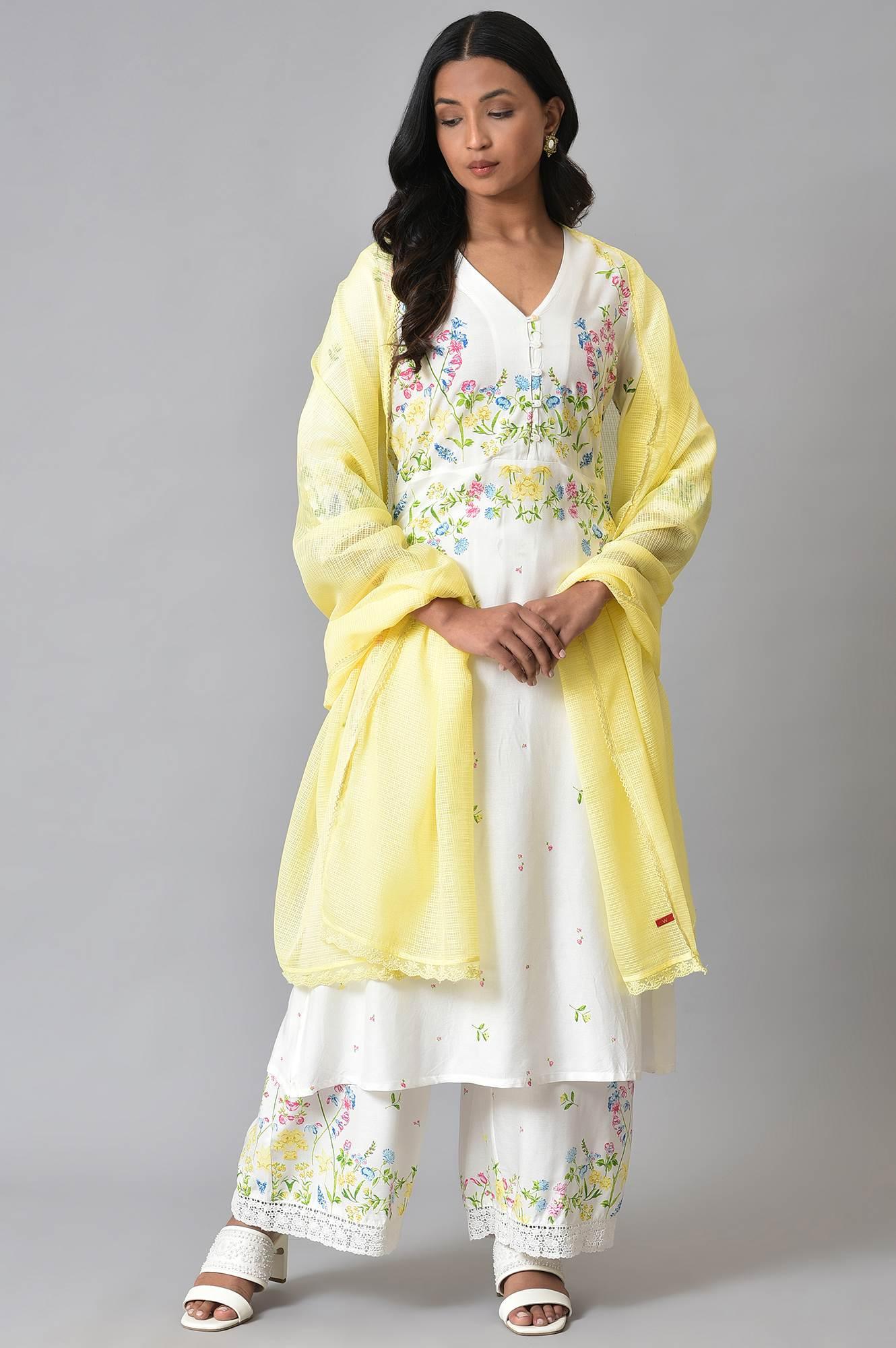 White Floral Print kurta Set - wforwoman