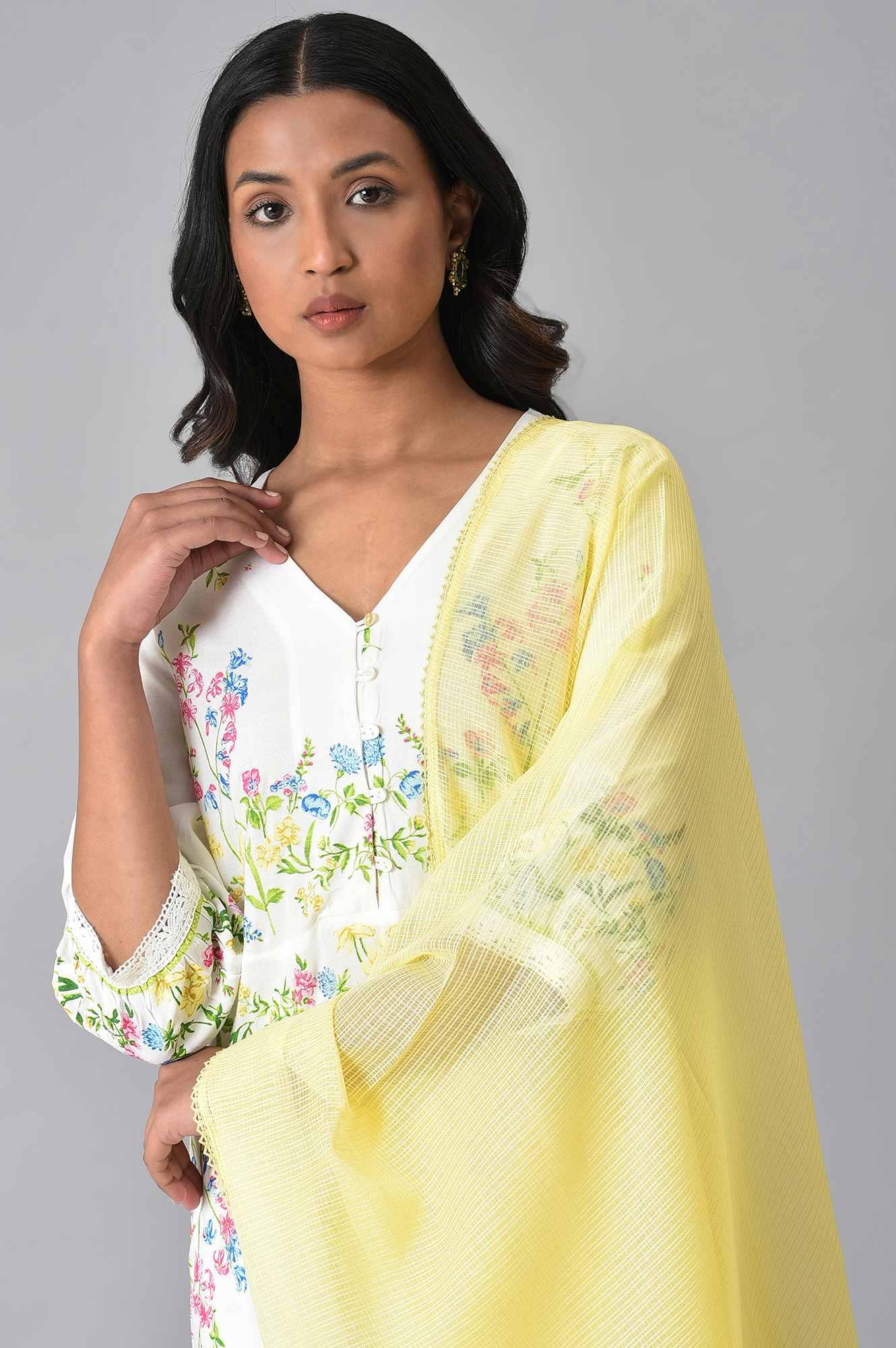 White Floral Print kurta Set - wforwoman