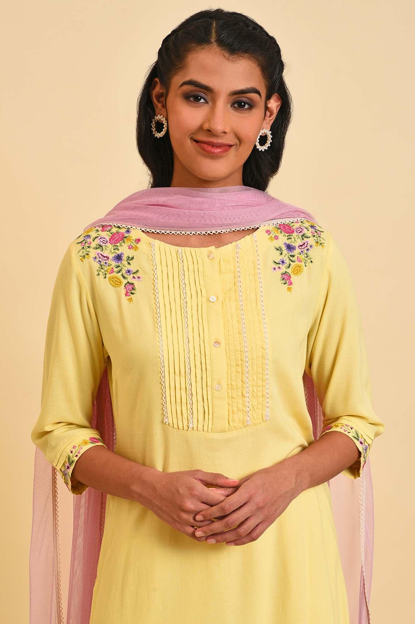 Light Yellow Embroidered Plus Size kurta Set - wforwoman