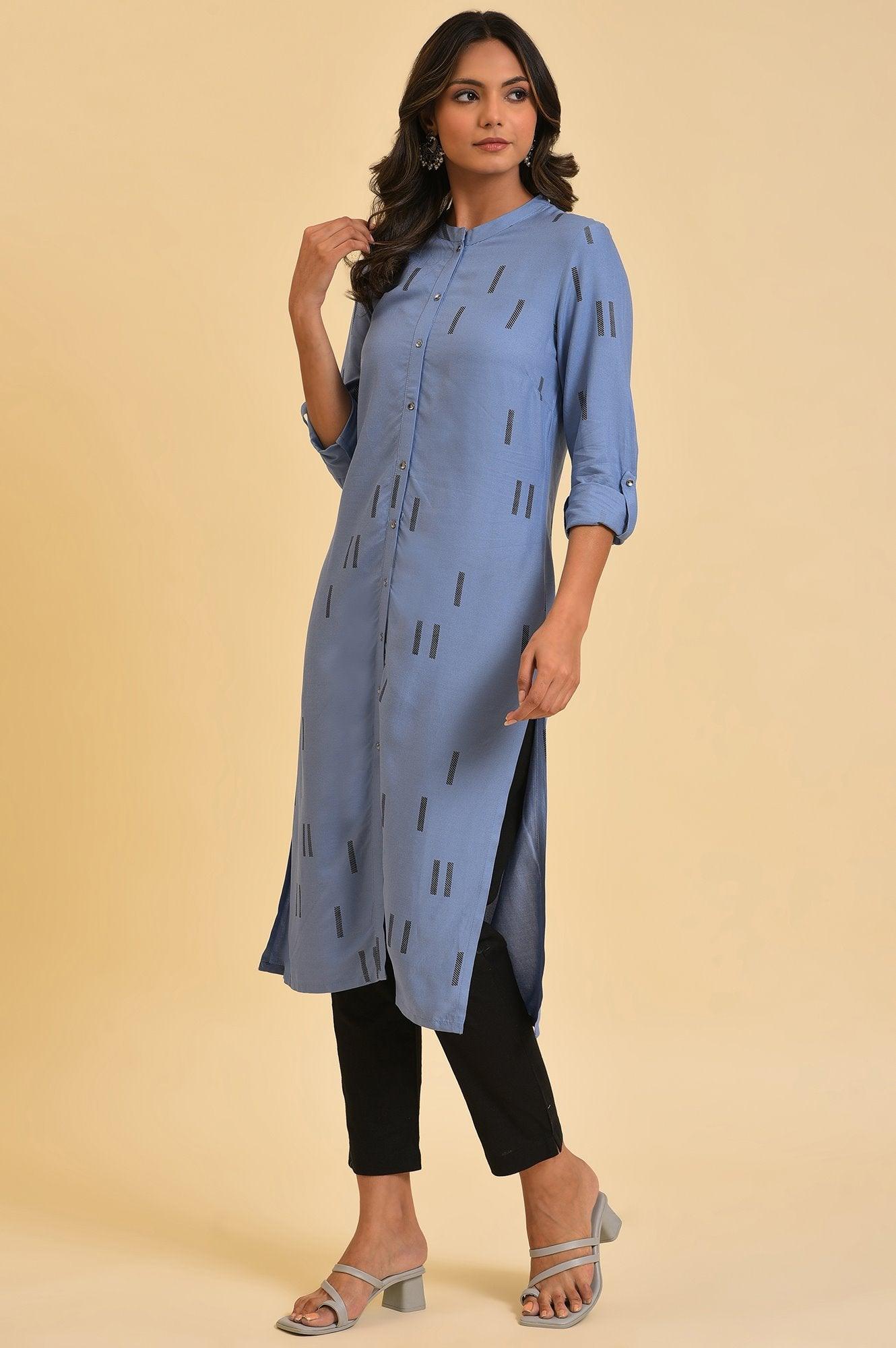 Blue Geometric Print Shirt kurta & Pants Set - wforwoman