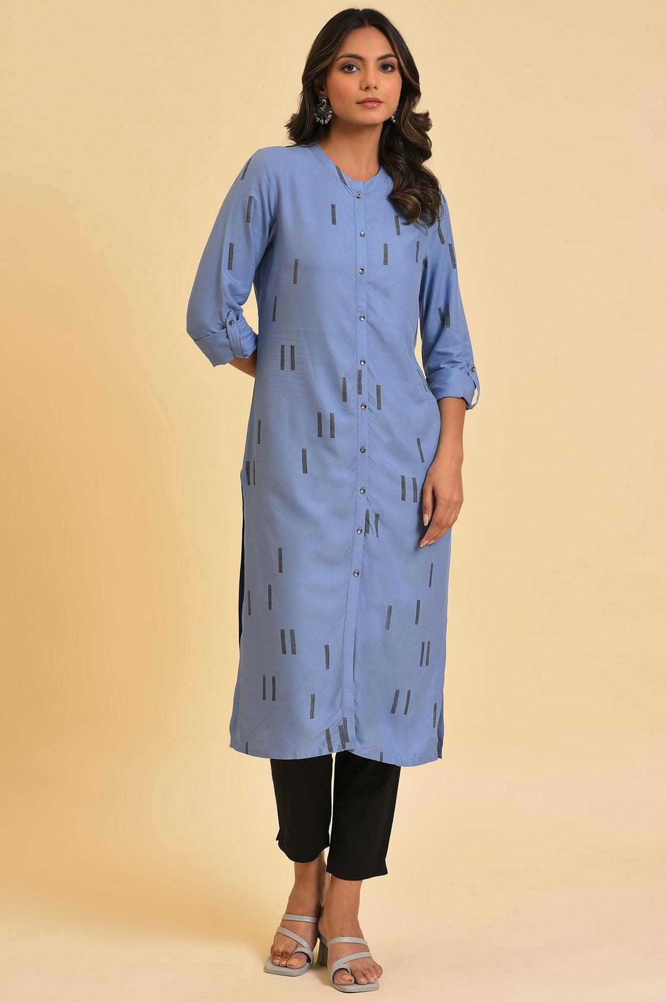 Blue Geometric Print Shirt kurta & Pants Set - wforwoman