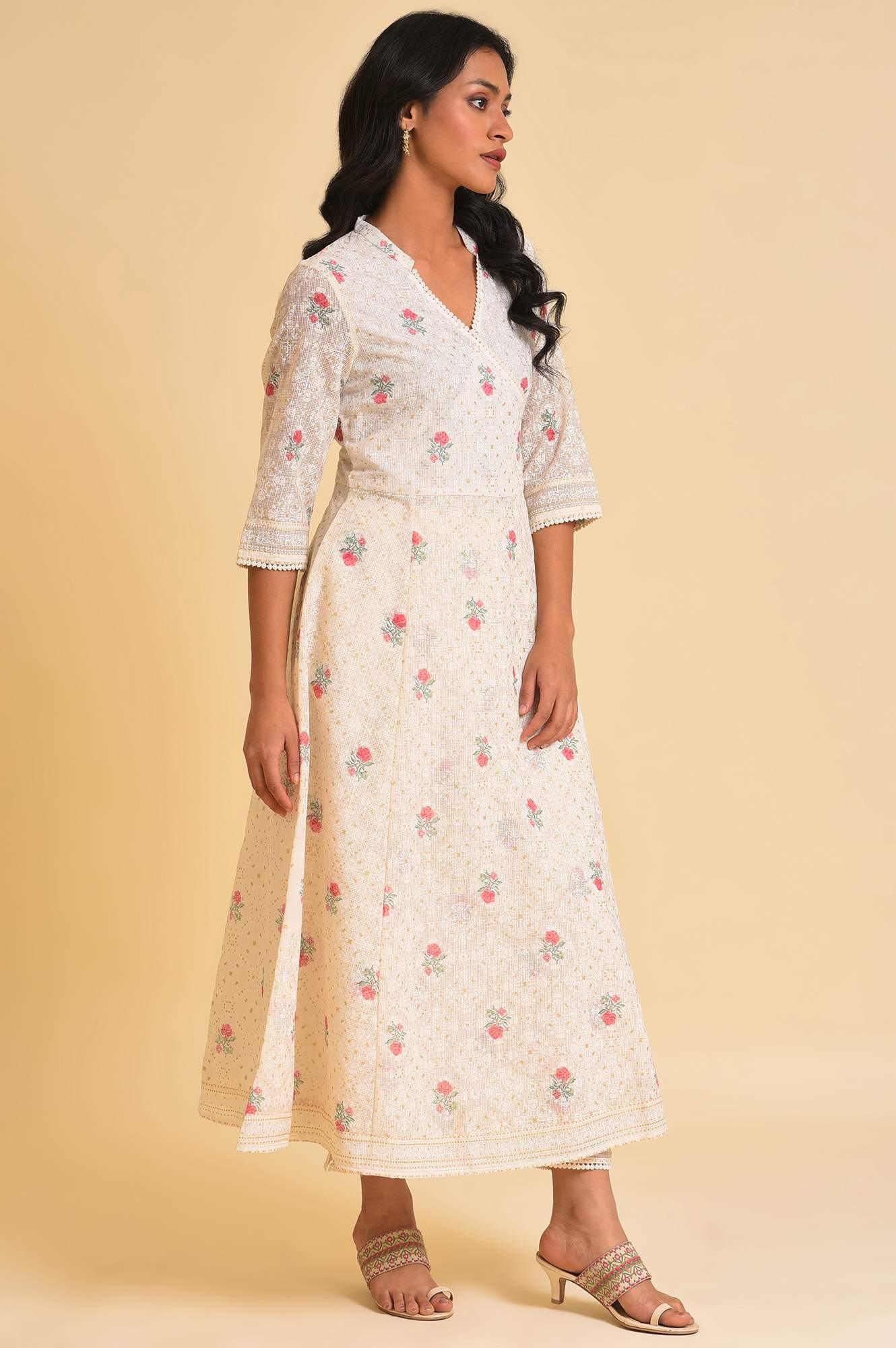 Ecru Glitter Printed Angrakha kurta & Pants Set - wforwoman