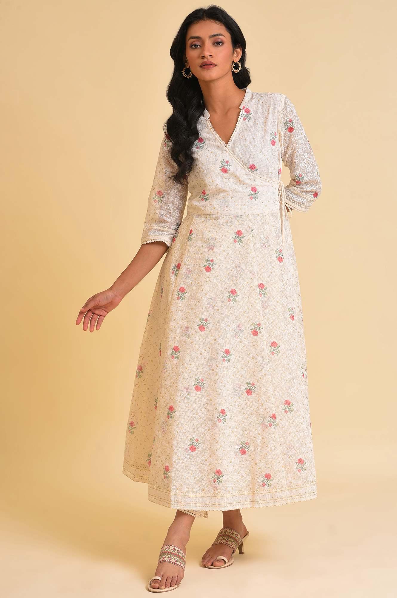 Ecru Glitter Printed Angrakha kurta & Pants Set - wforwoman