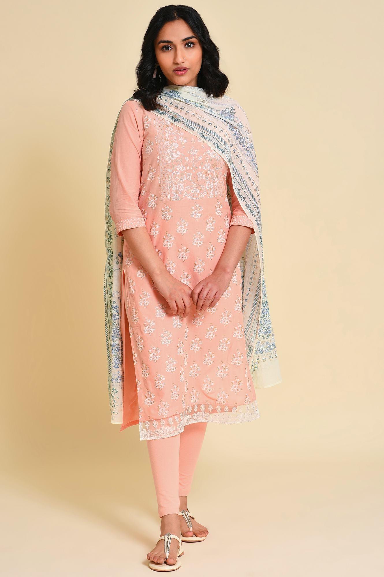 Peach Glitter Printed kurta Set - wforwoman
