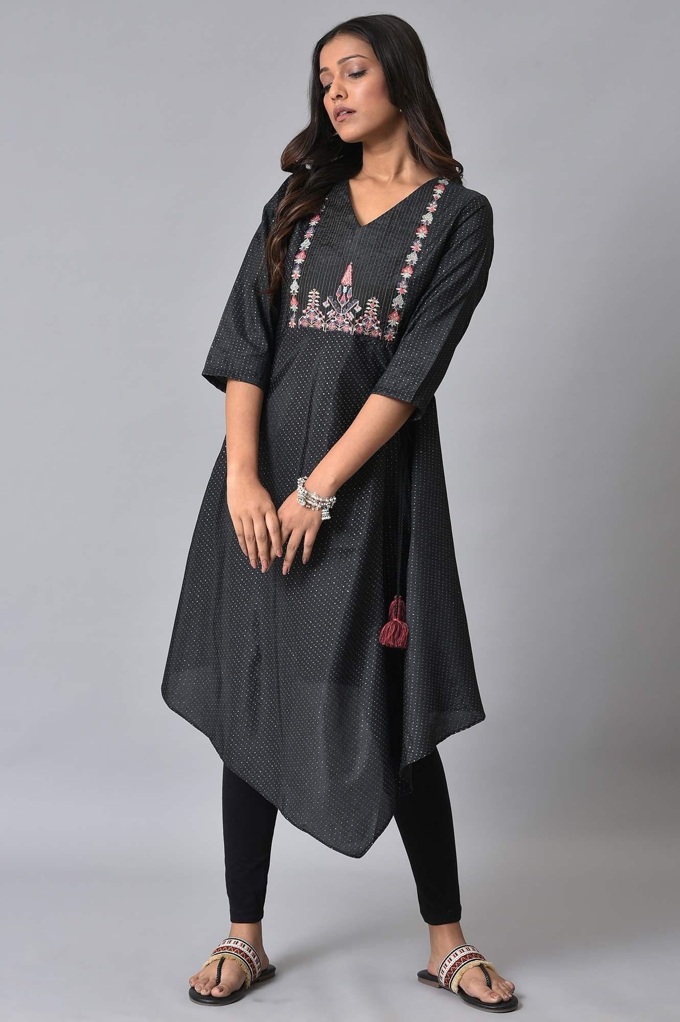 Black Embroidered Asymmetrical kurta Set - wforwoman