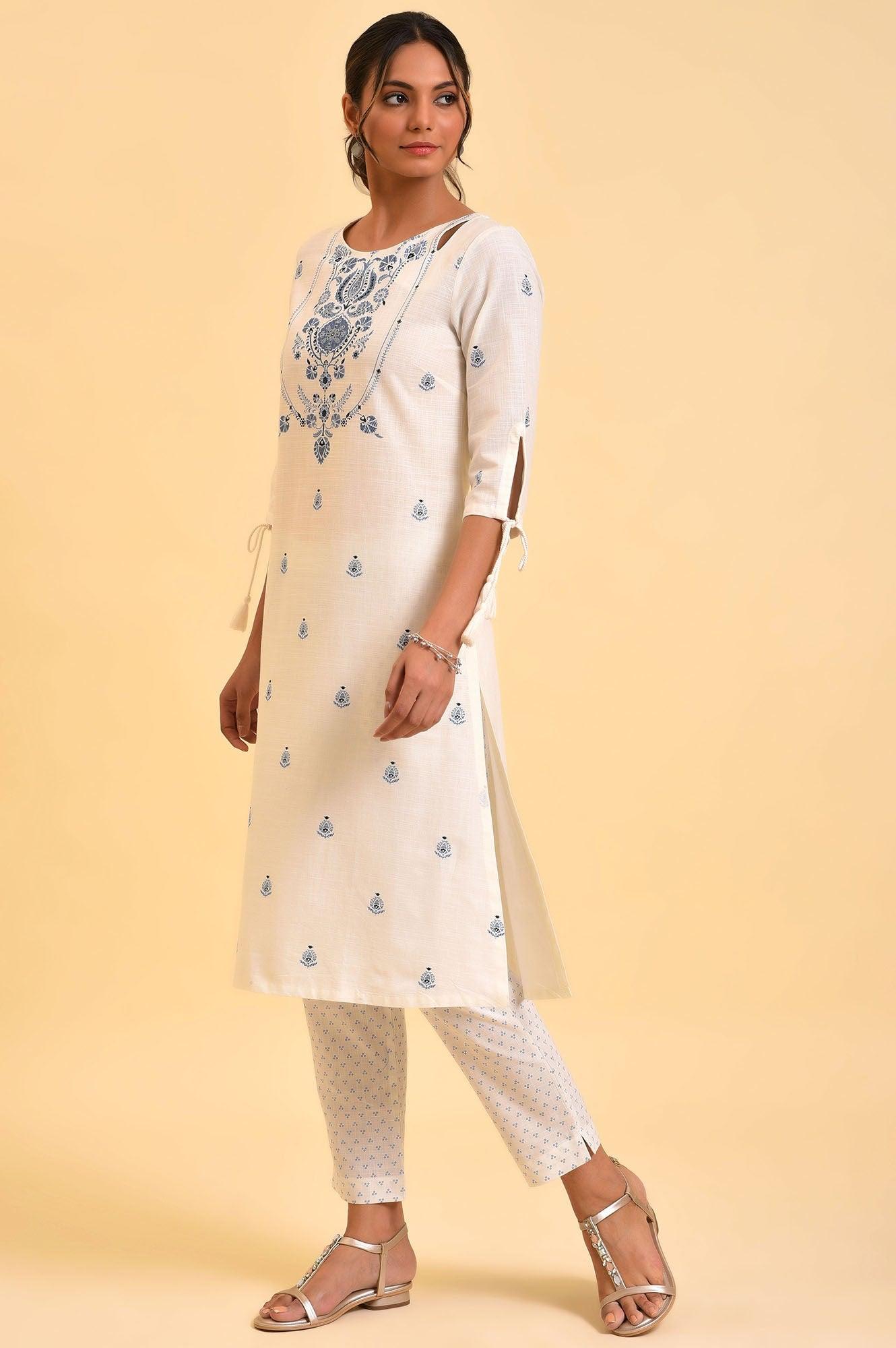 Ecru Floral Printed kurta & Pants Set - wforwoman