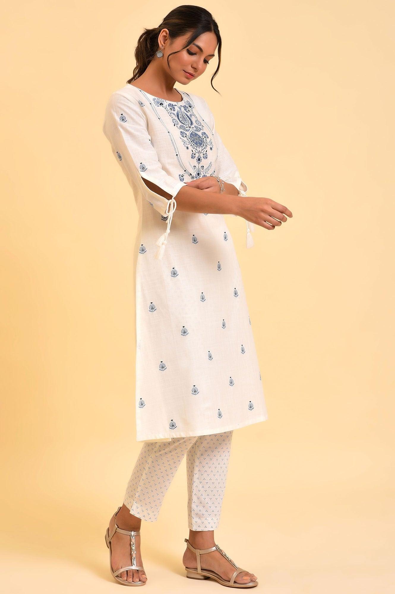 Ecru Floral Printed kurta & Pants Set - wforwoman