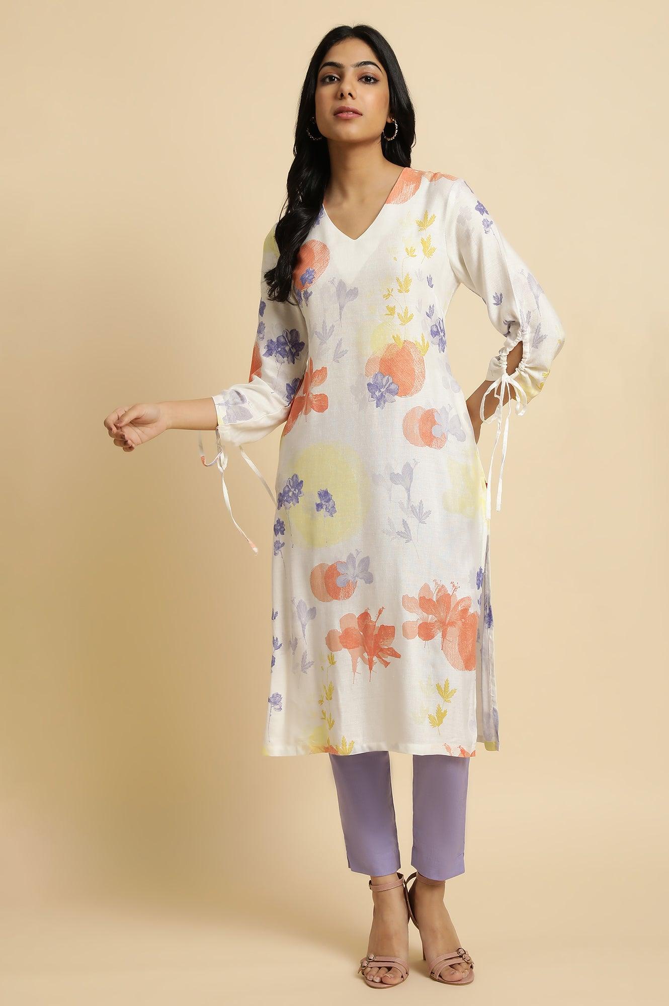 Ecru Floral Printed kurta Set - wforwoman