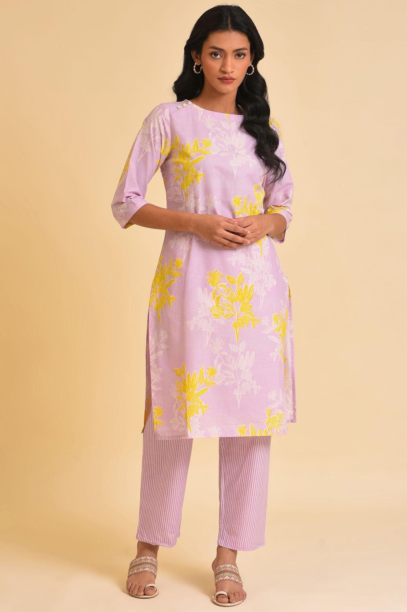Light Purple Floral Print kurta & Pants Set - wforwoman