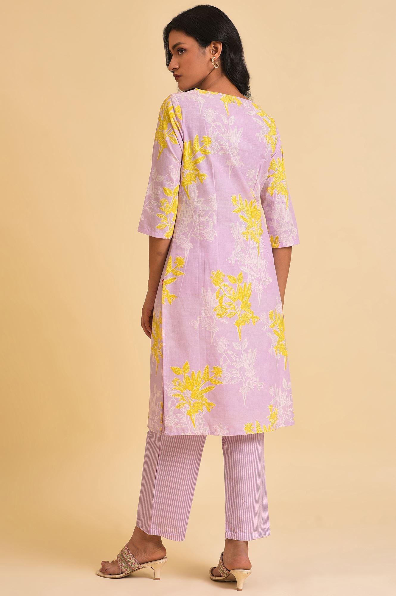 Light Purple Floral Print kurta & Pants Set - wforwoman