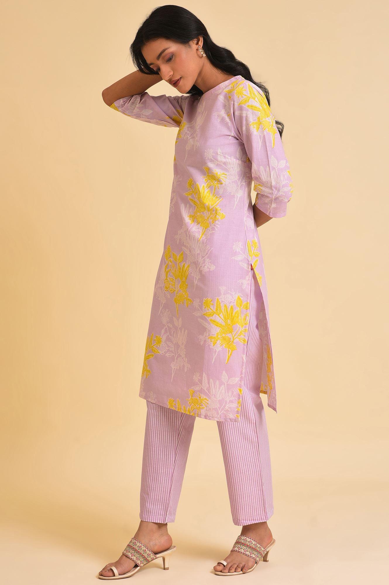 Light Purple Floral Print kurta & Pants Set - wforwoman