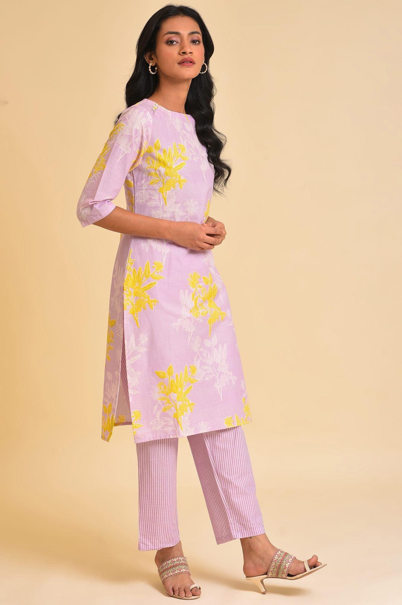 Light Purple Floral Print kurta & Pants Set - wforwoman