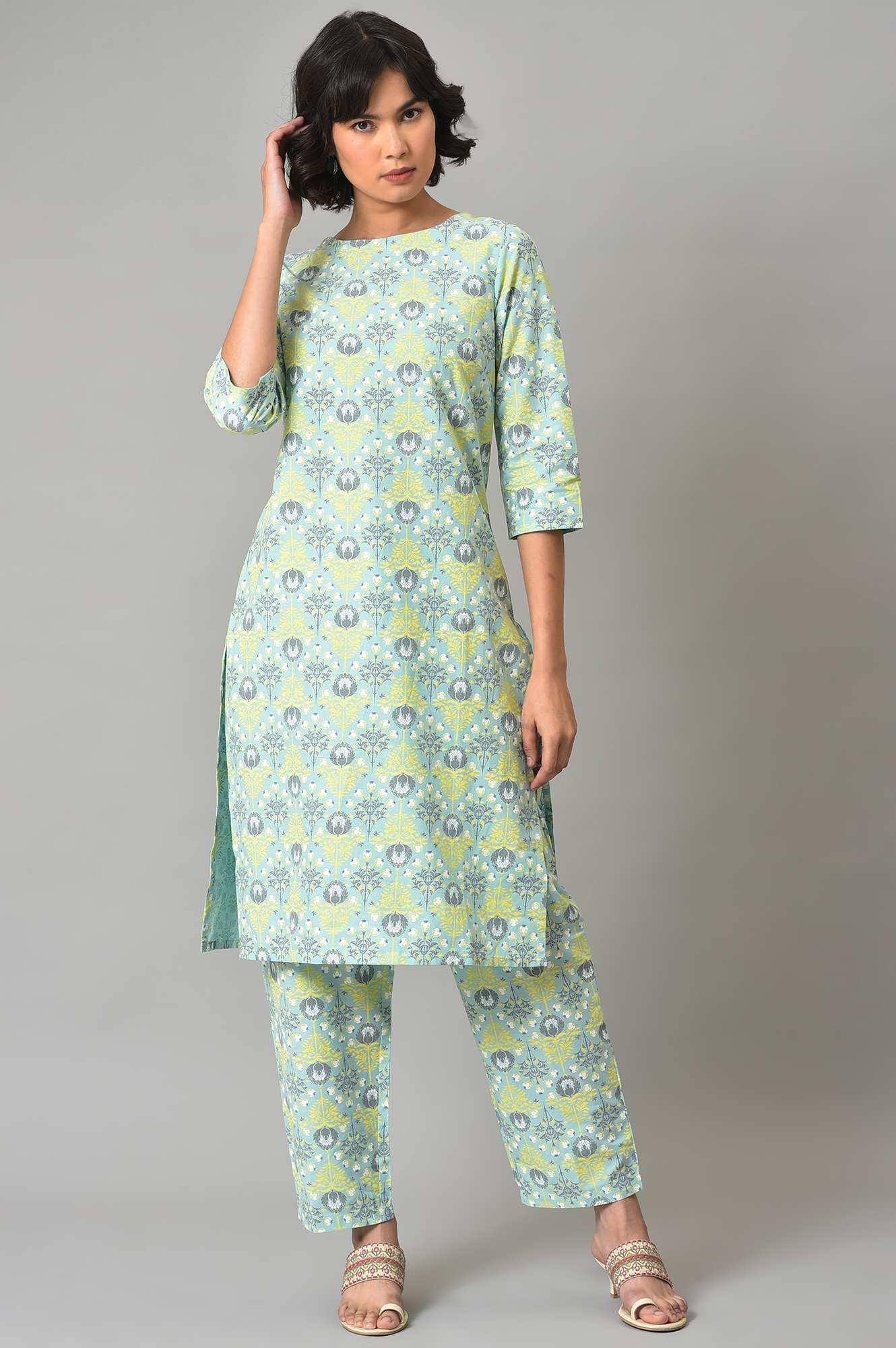 Light Green Printed kurta And Pants Co-Ord Set - wforwoman