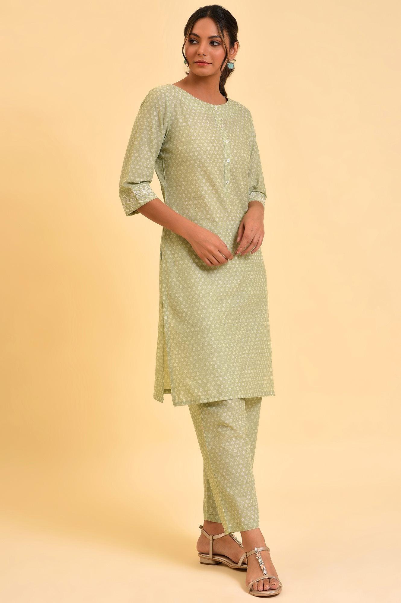 Light Green Printed kurta & Pants Co-Ord Set - wforwoman