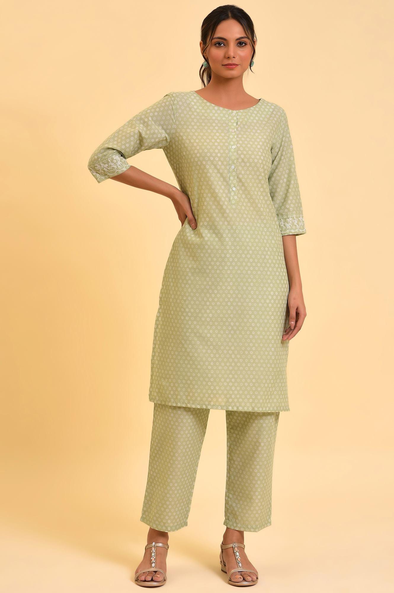Light Green Printed kurta & Pants Co-Ord Set - wforwoman