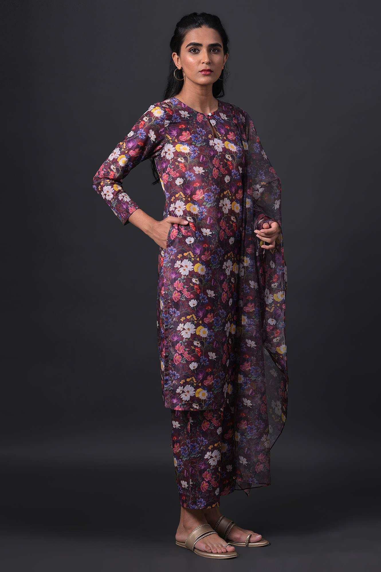 Dark Red Floral Print kurta With Straight Pants And Organza Dupatta - wforwoman