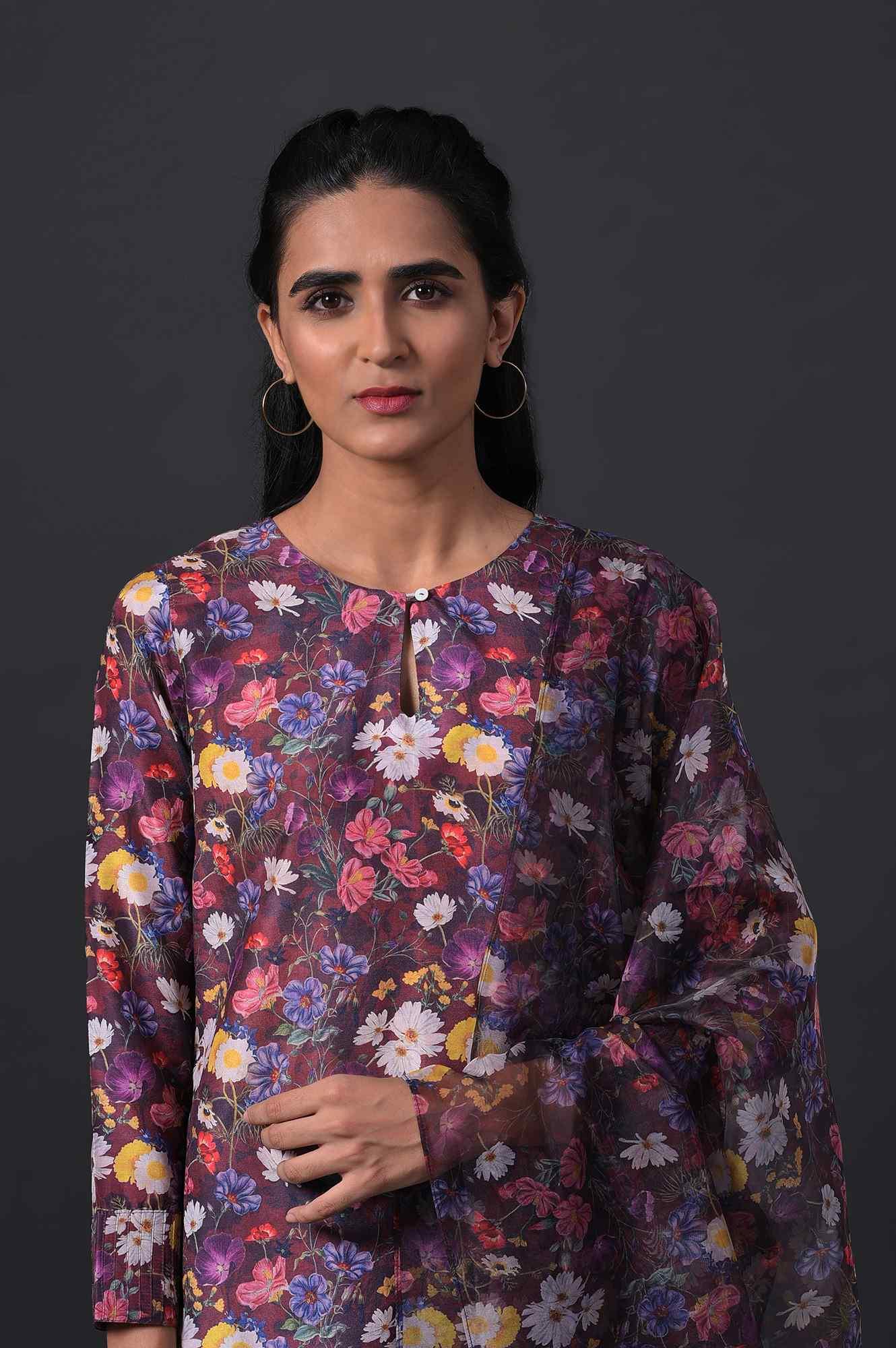 Dark Red Floral Print kurta With Straight Pants And Organza Dupatta - wforwoman