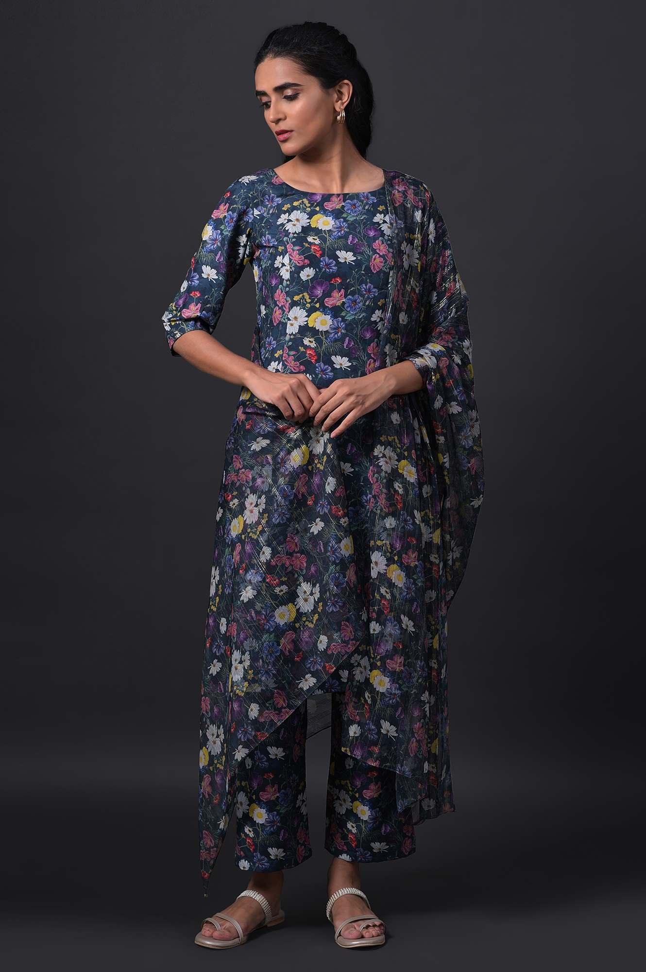 Dark Green Floral Print kurta With Straight Pants And Dupatta - wforwoman
