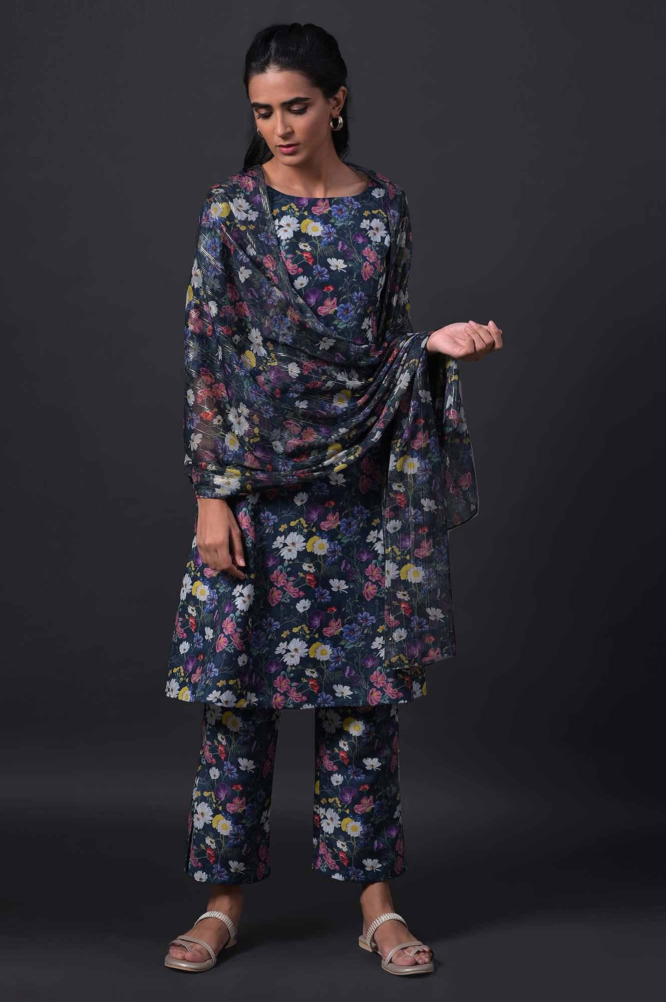 Dark Green Floral Print kurta With Straight Pants And Dupatta - wforwoman