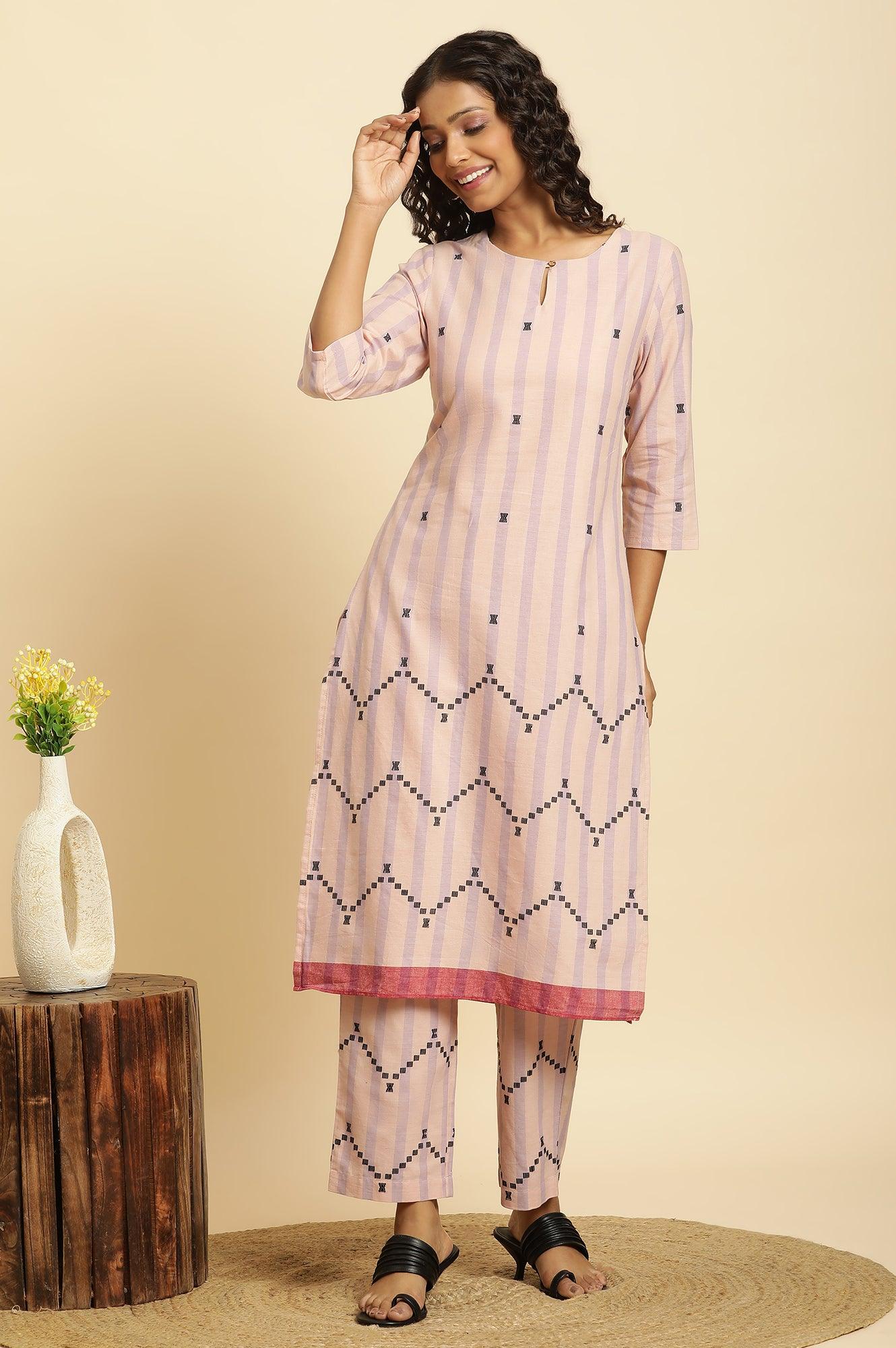 Pink And Purple Stripe Cotton Kurta And Pants Co-Ord Set - wforwoman