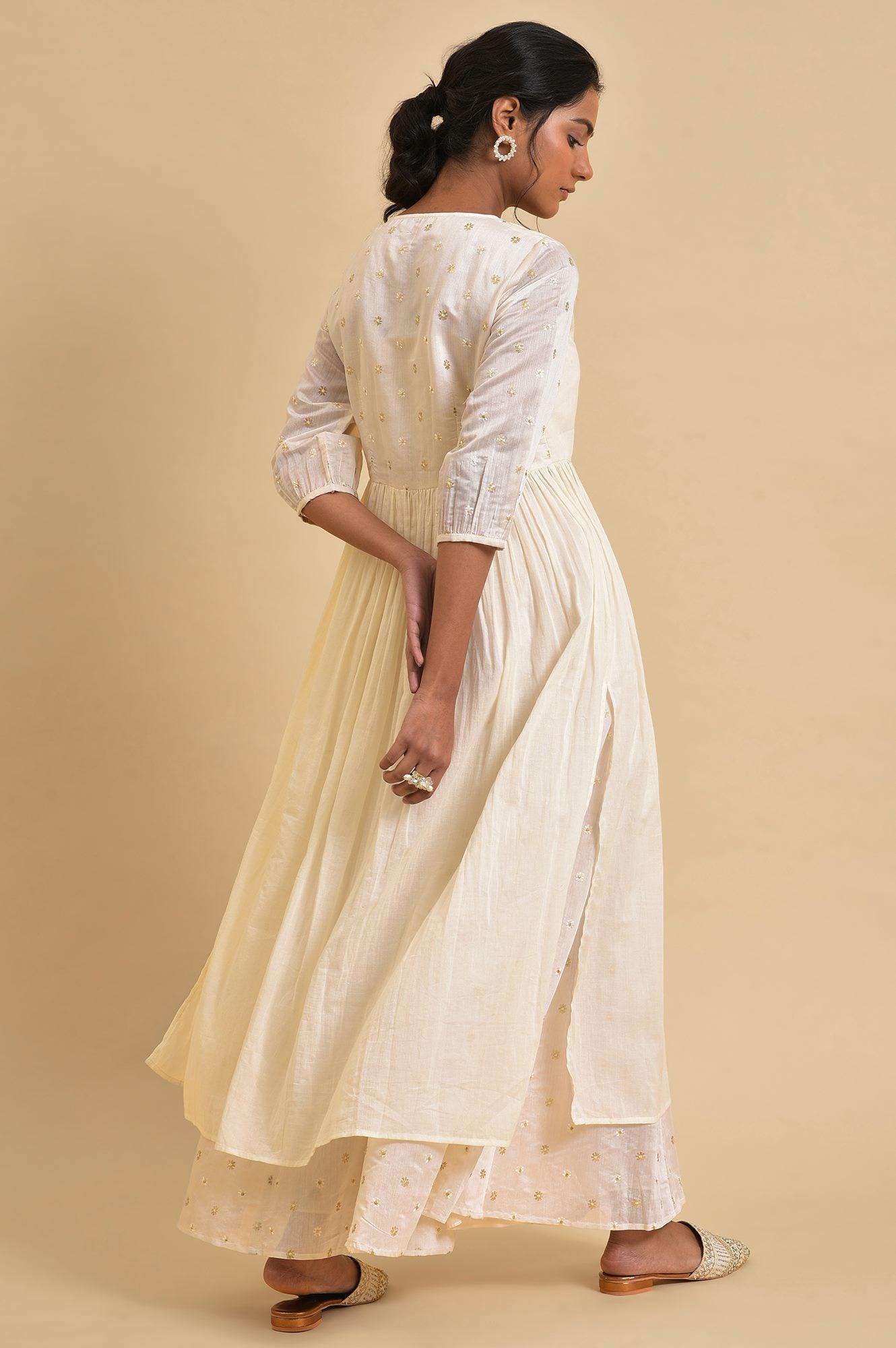 Ecru Floral Printed Festive kurta Set - wforwoman