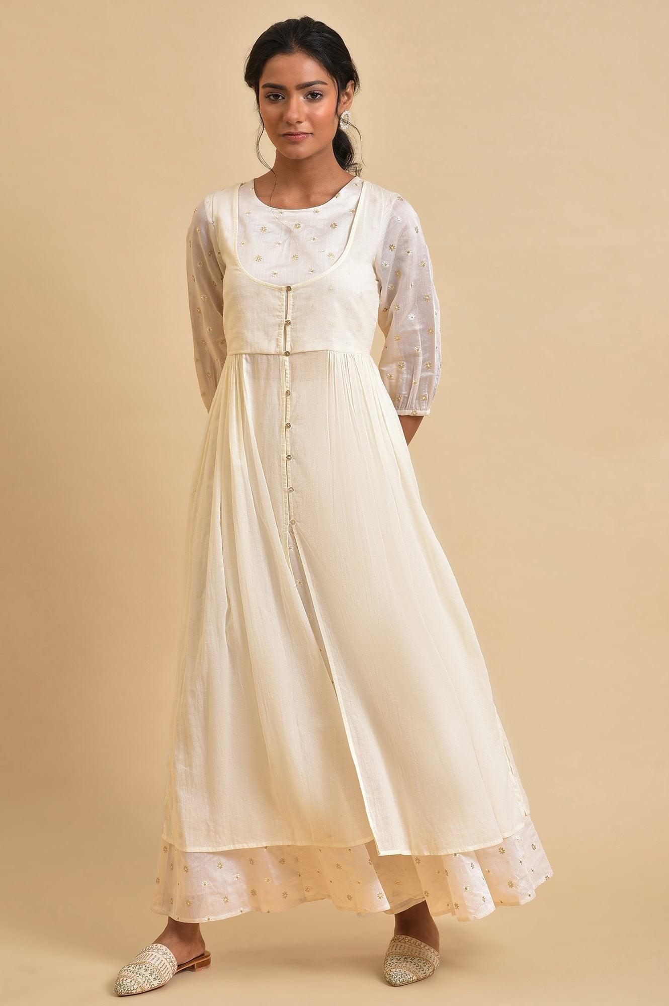 Ecru Floral Printed Festive kurta Set - wforwoman