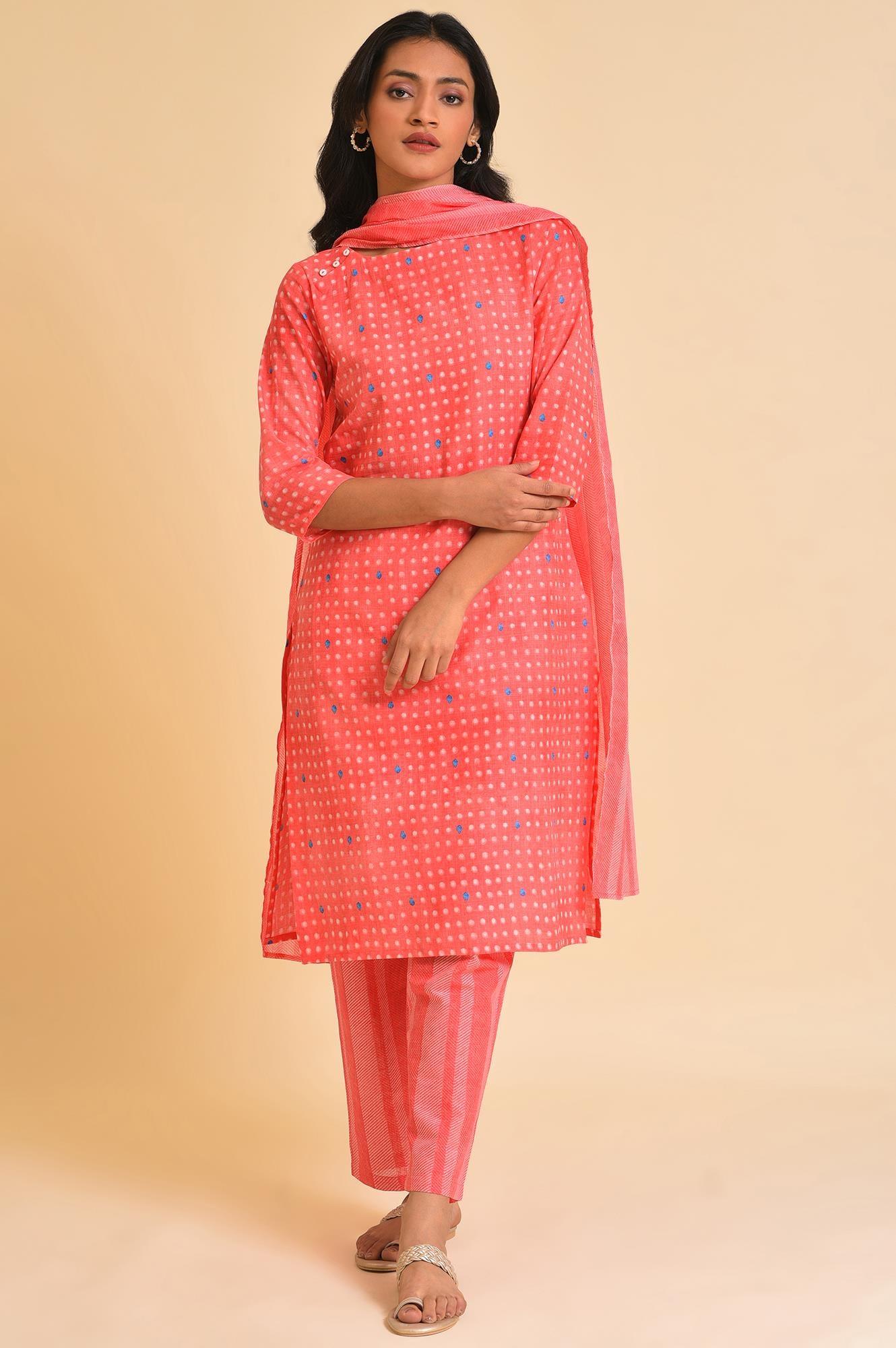 Light Red Printed kurta, Pants & Dupatta Co-Ord Set - wforwoman