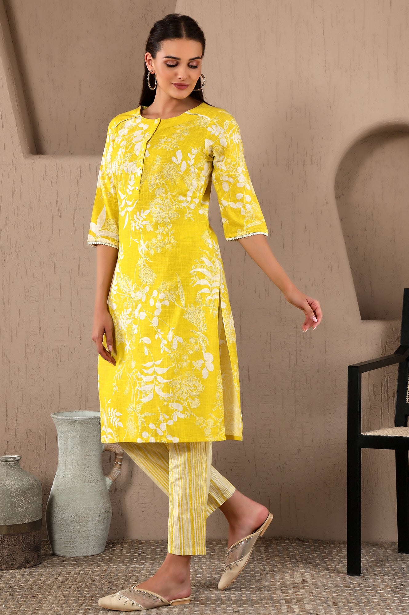 Yellow Floral Printed With Lace Pure Cotton Straight Kurta and Pants Set with Stripe Printed Dupatta