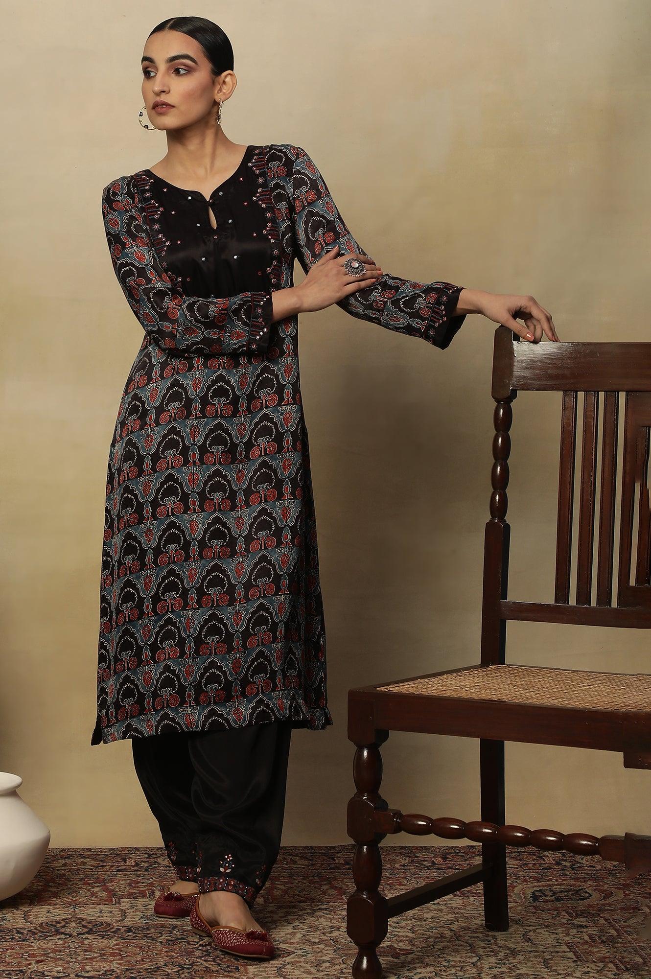 Dark Brown Ajrakh Printed Kurta In Lustrous Satin - wforwoman