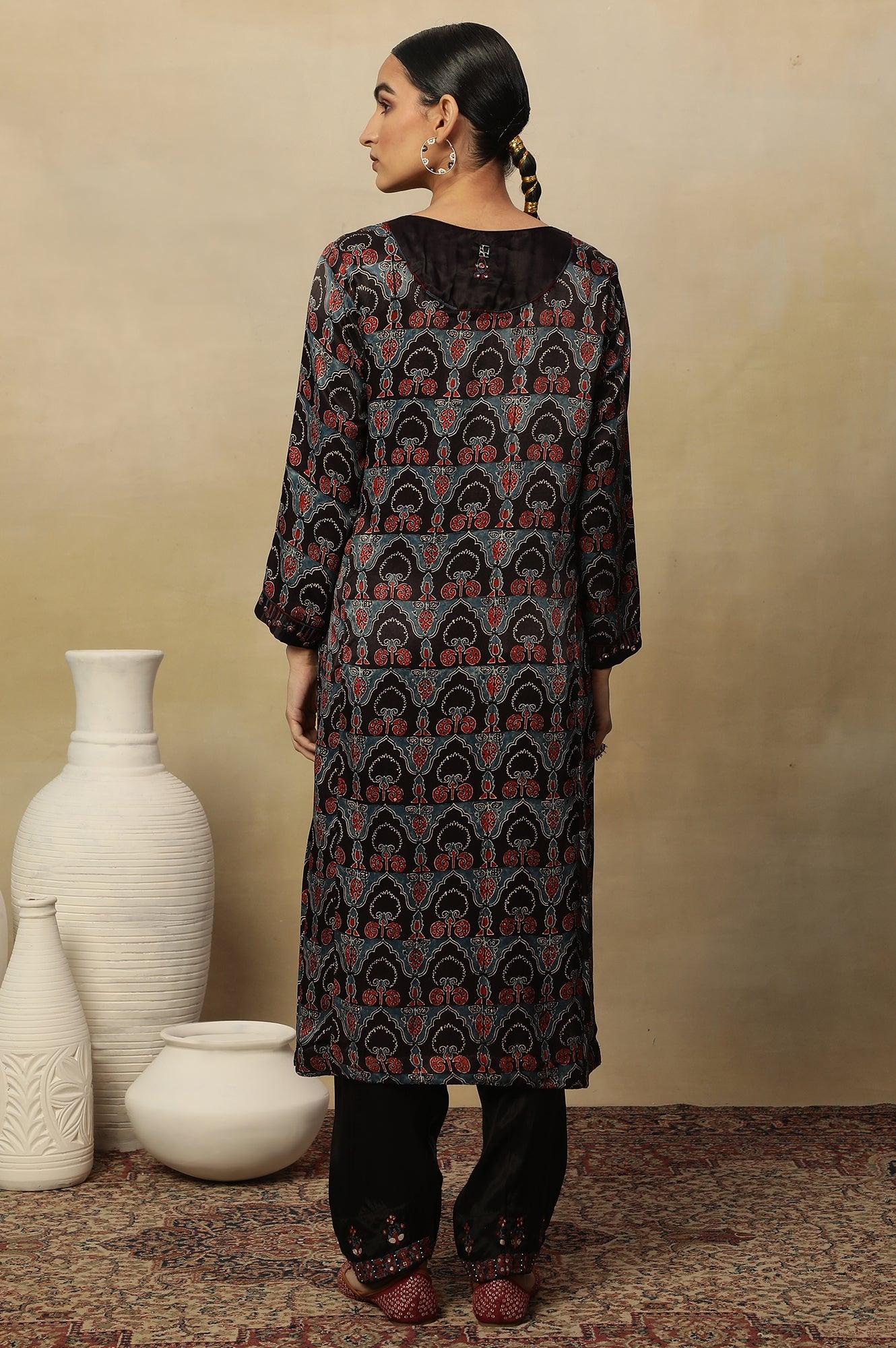 Dark Brown Ajrakh Printed Kurta In Lustrous Satin - wforwoman