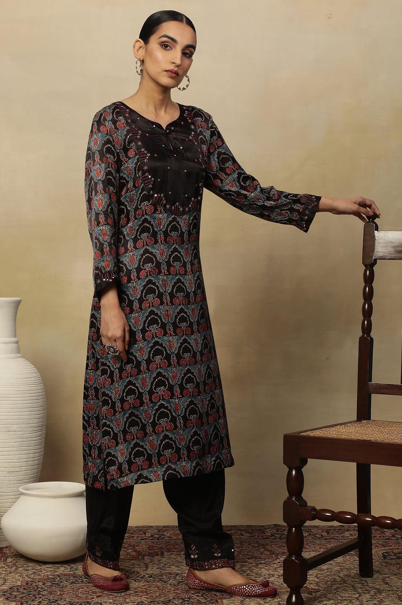 Dark Brown Ajrakh Printed Kurta In Lustrous Satin - wforwoman