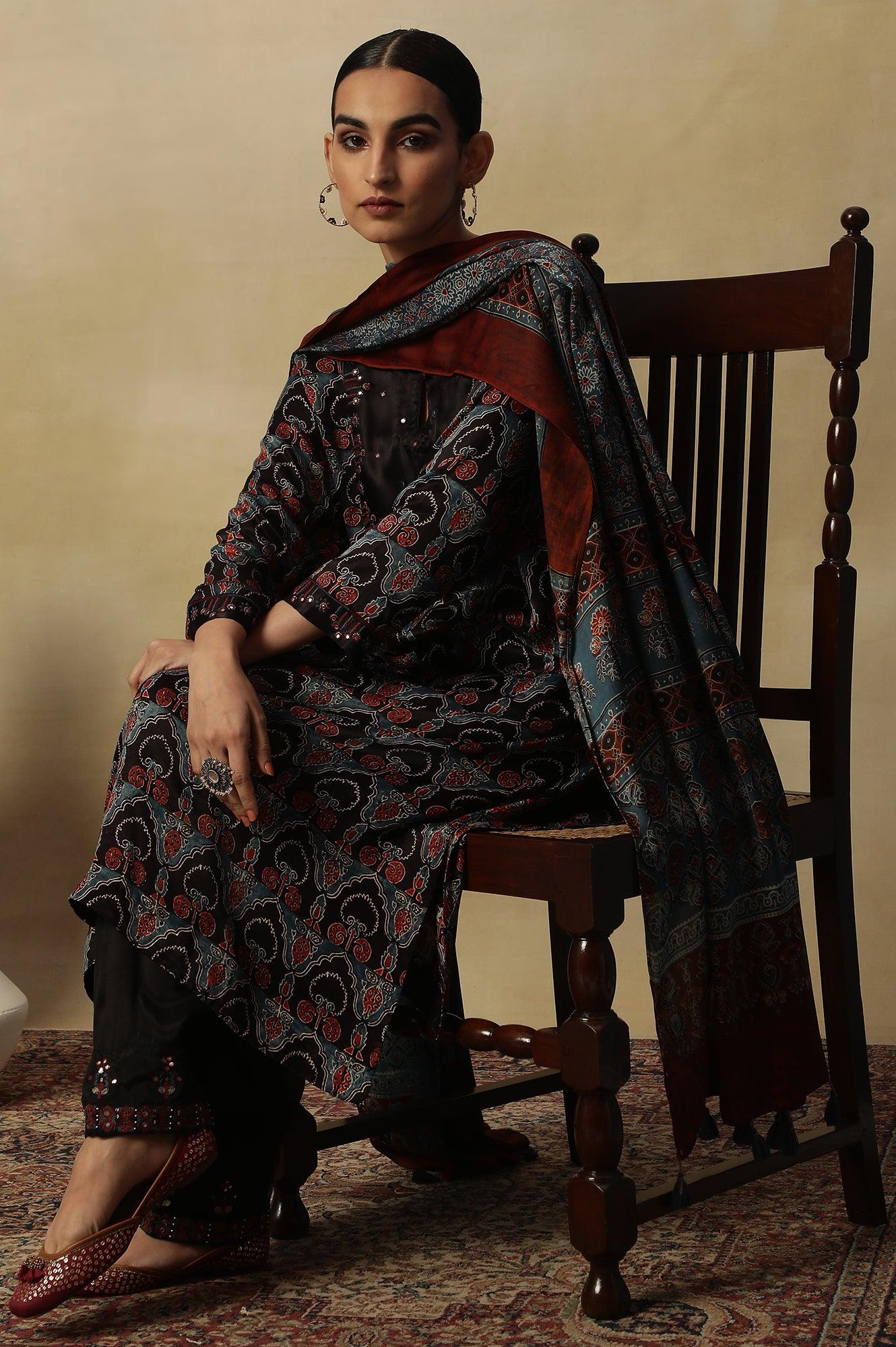 Dark Brown Ajrakh Printed Kurta In Lustrous Satin - wforwoman