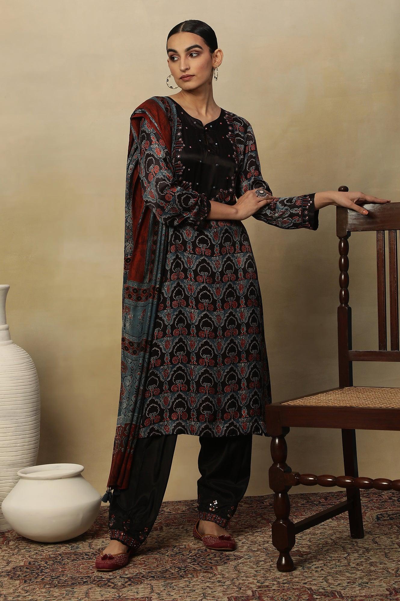 Dark Brown Ajrakh Printed Kurta In Lustrous Satin - wforwoman