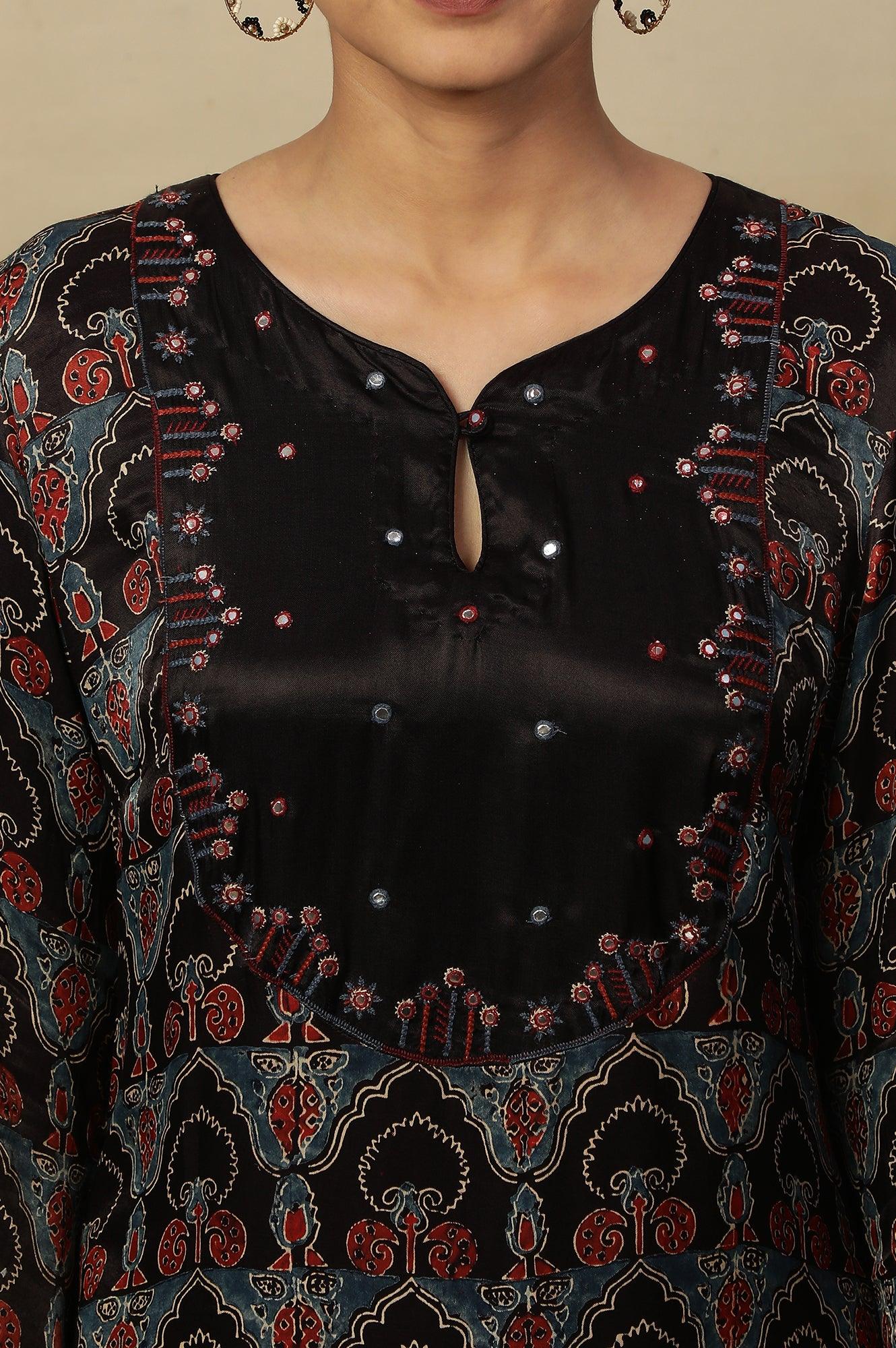 Dark Brown Ajrakh Printed Kurta In Lustrous Satin - wforwoman