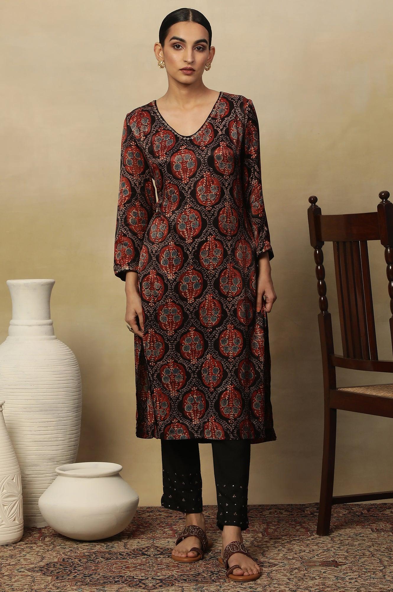Dark Brown V-Neck Kurta Multi-Coloured Ajrakh Print - wforwoman