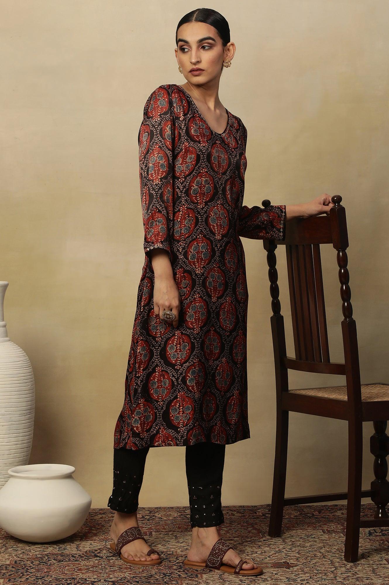 Dark Brown V-Neck Kurta Multi-Coloured Ajrakh Print - wforwoman