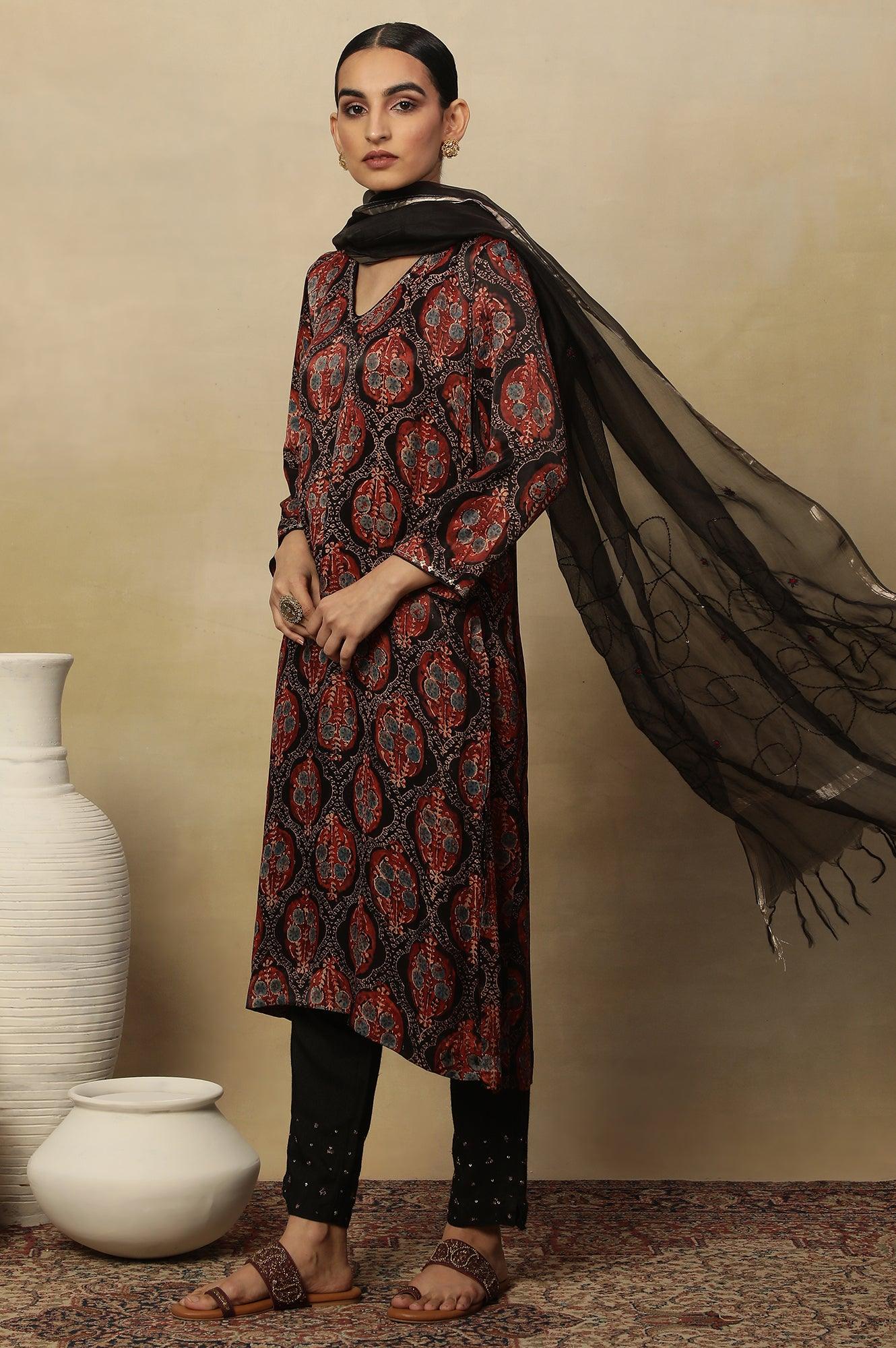 Dark Brown V-Neck Kurta Multi-Coloured Ajrakh Print - wforwoman