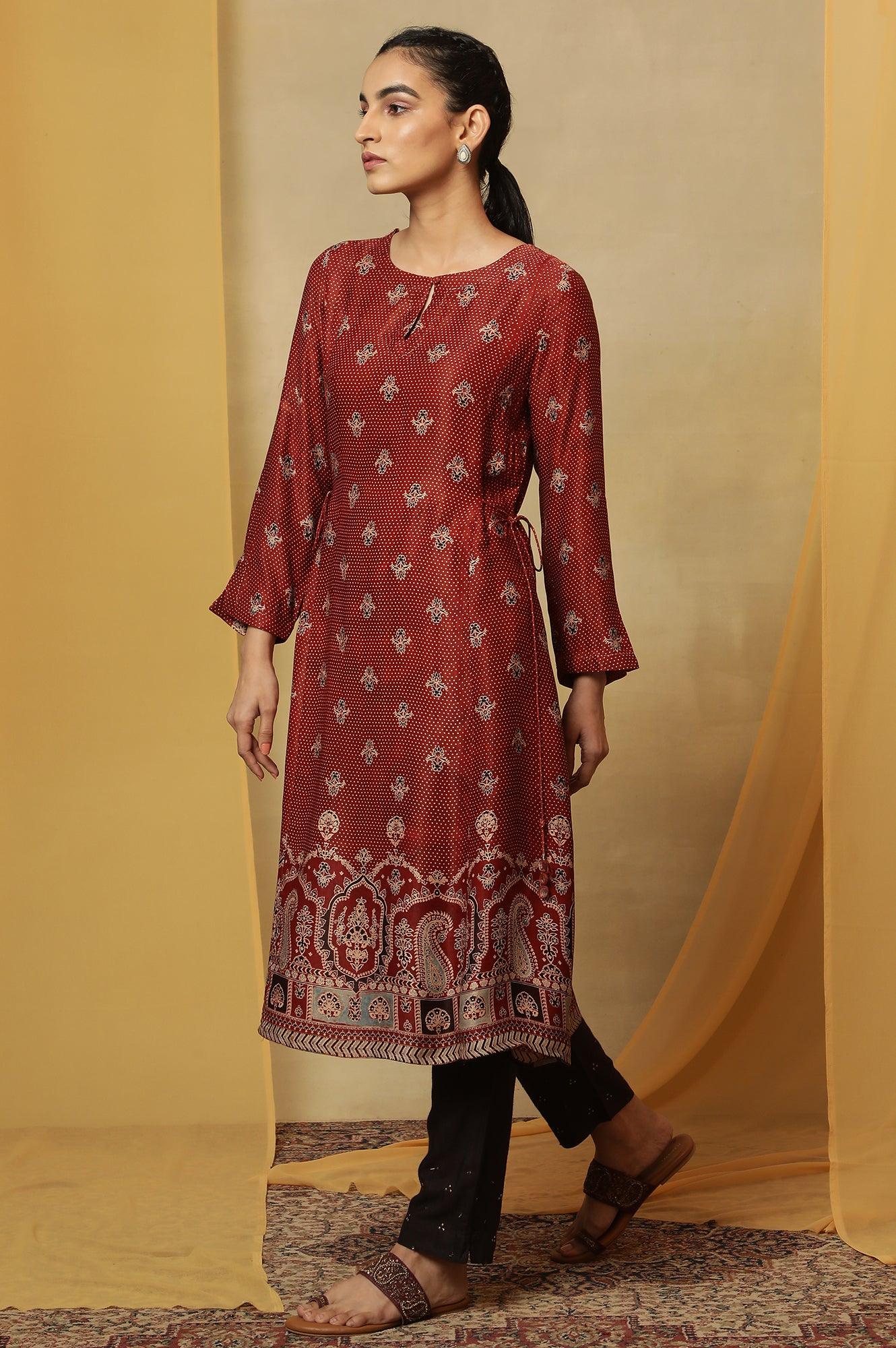 Brick Red Ajrakh Print Kurta In Lustrous Satin - wforwoman