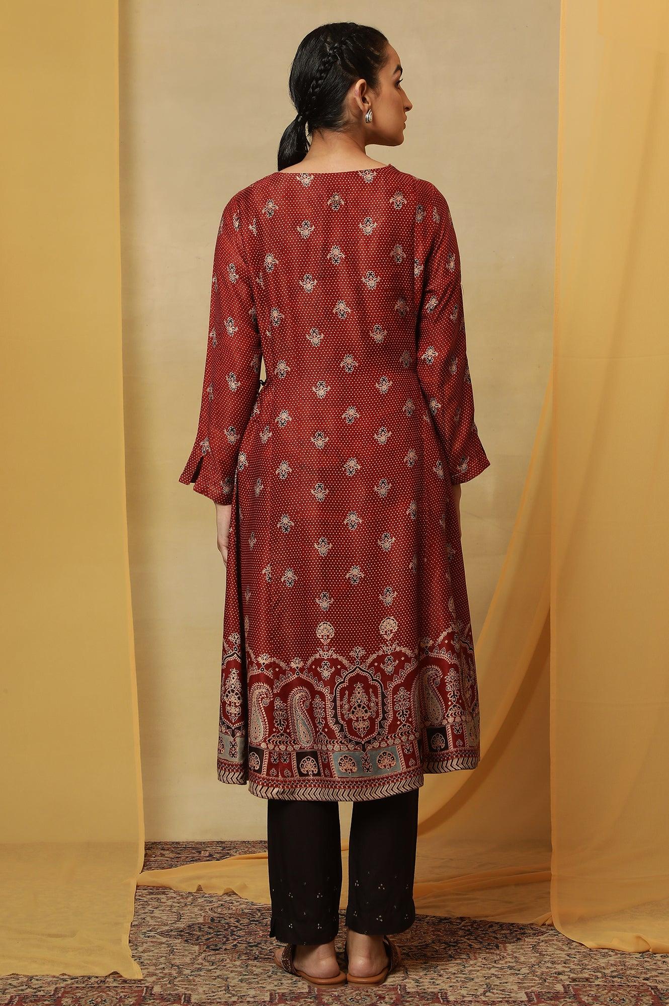 Brick Red Ajrakh Print Kurta In Lustrous Satin - wforwoman