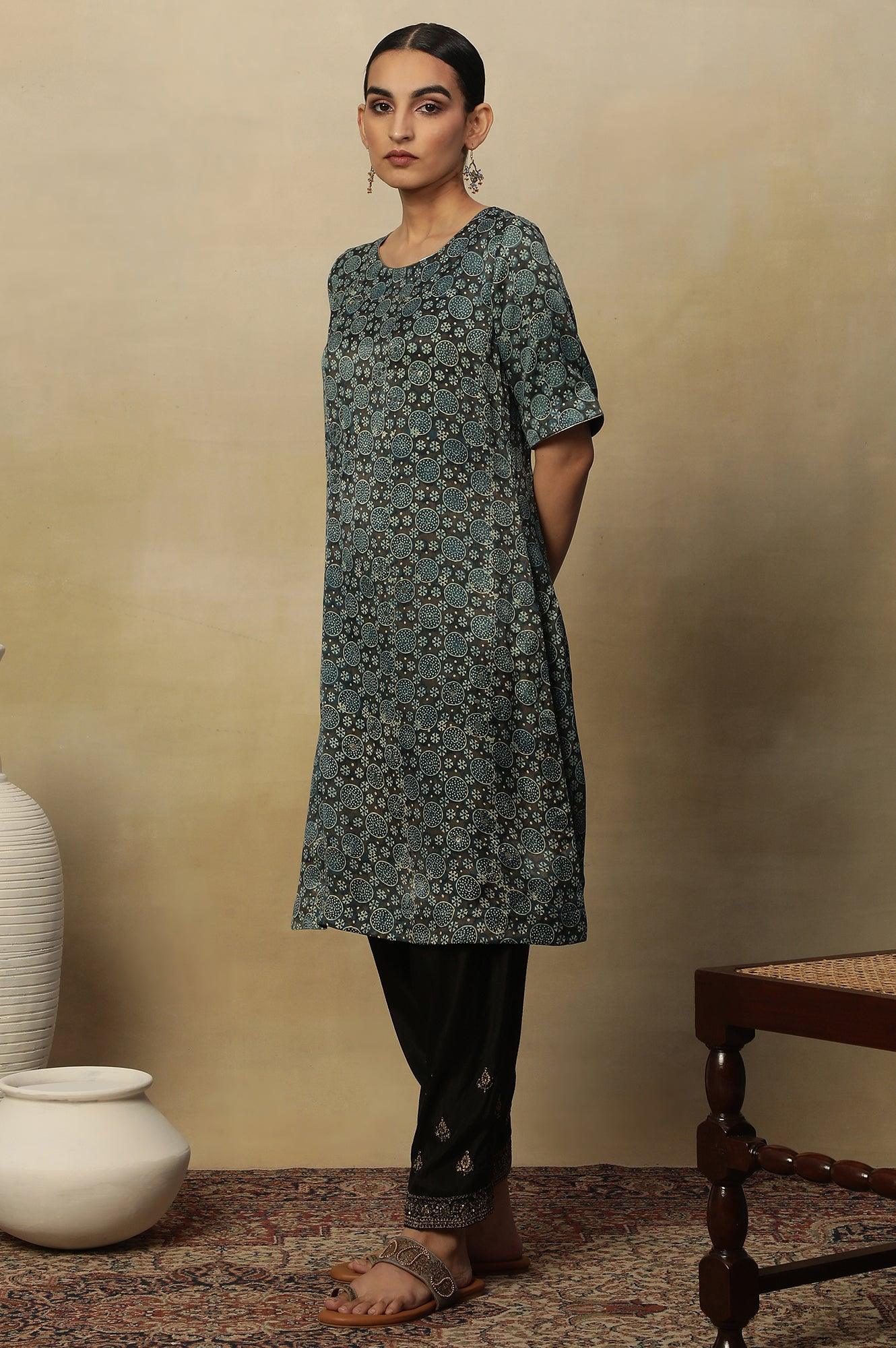 Dark Brown And Teal Ajrakh Print Kurta In Modal Satin - wforwoman