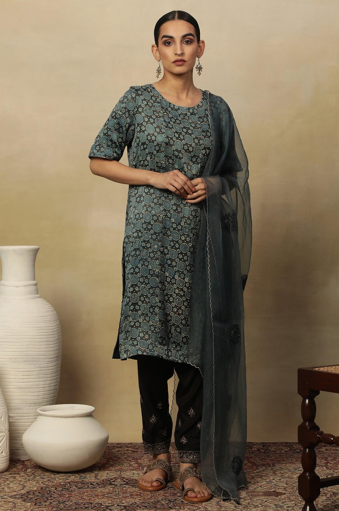 Dark Brown And Teal Ajrakh Print Kurta In Modal Satin - wforwoman