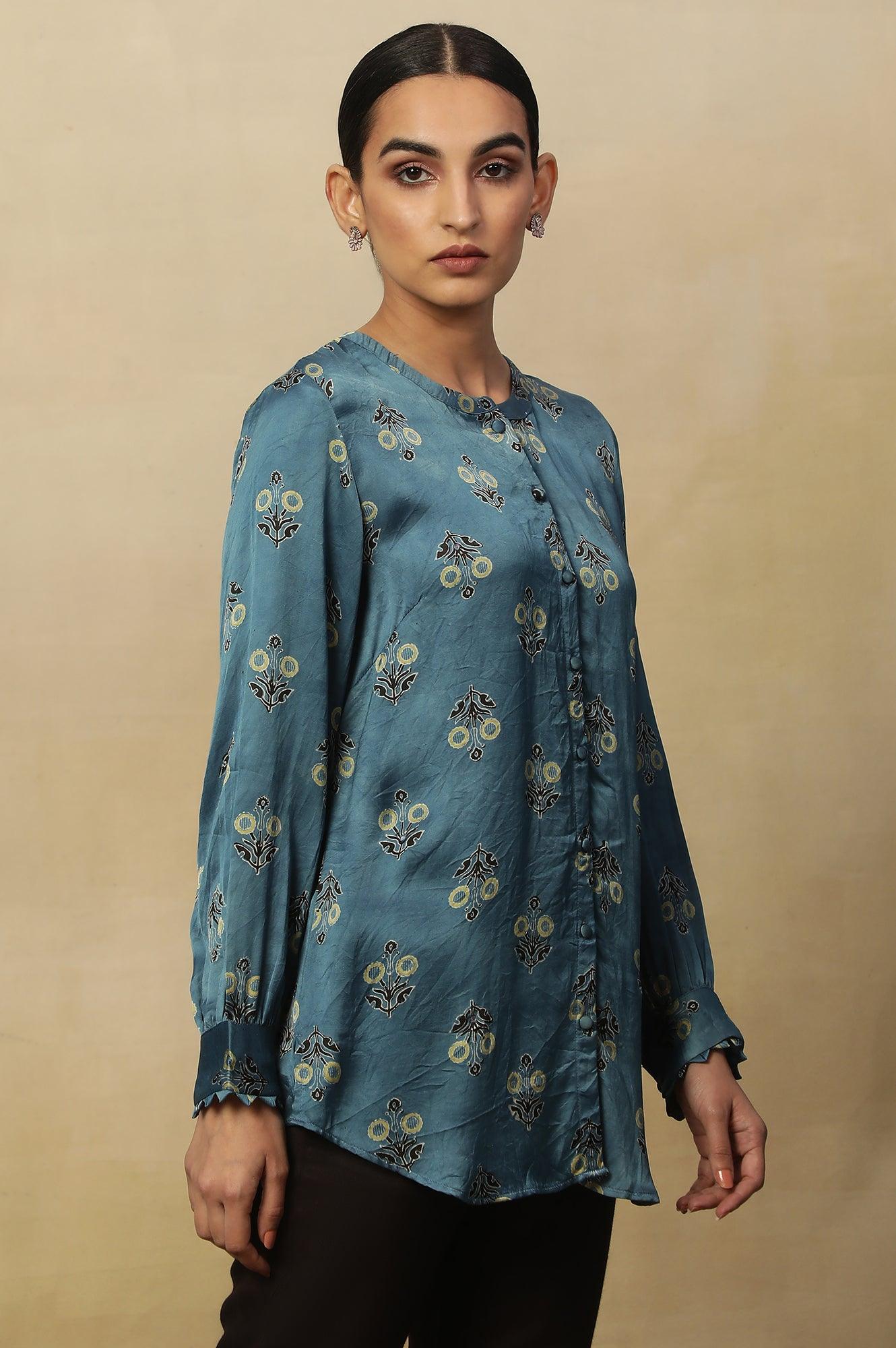 Light Blue Ajrakh Print Top In Lustrous Satin - wforwoman