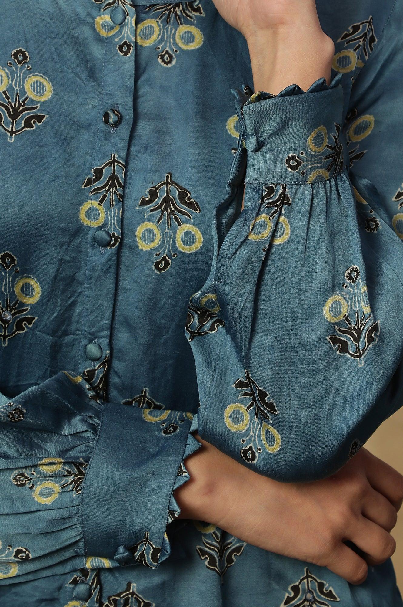 Light Blue Ajrakh Print Top In Lustrous Satin - wforwoman