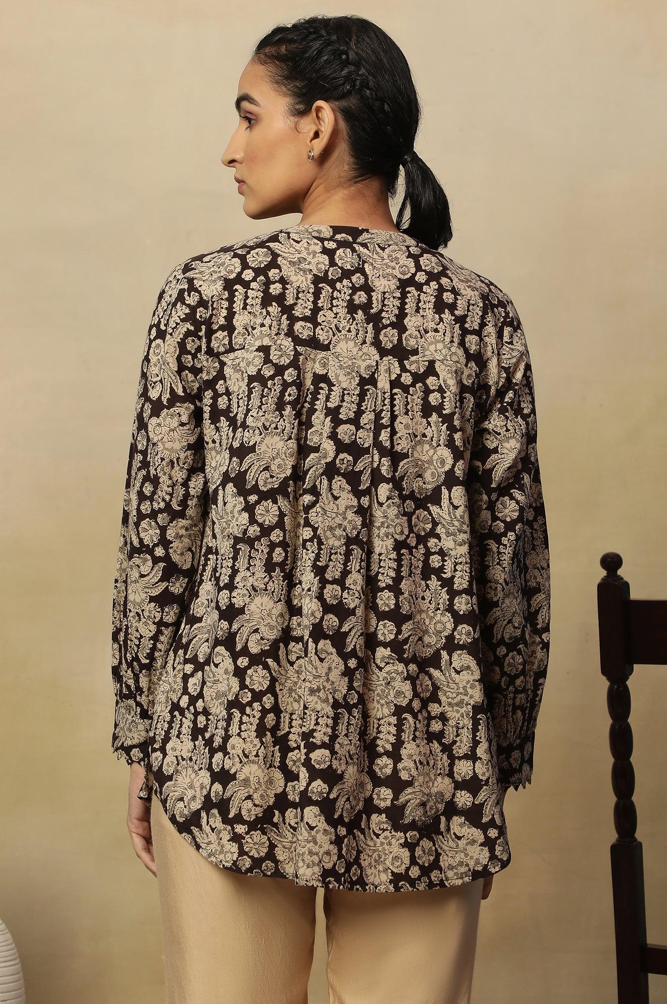 Brown Block Print Top In Cotton Voile - wforwoman